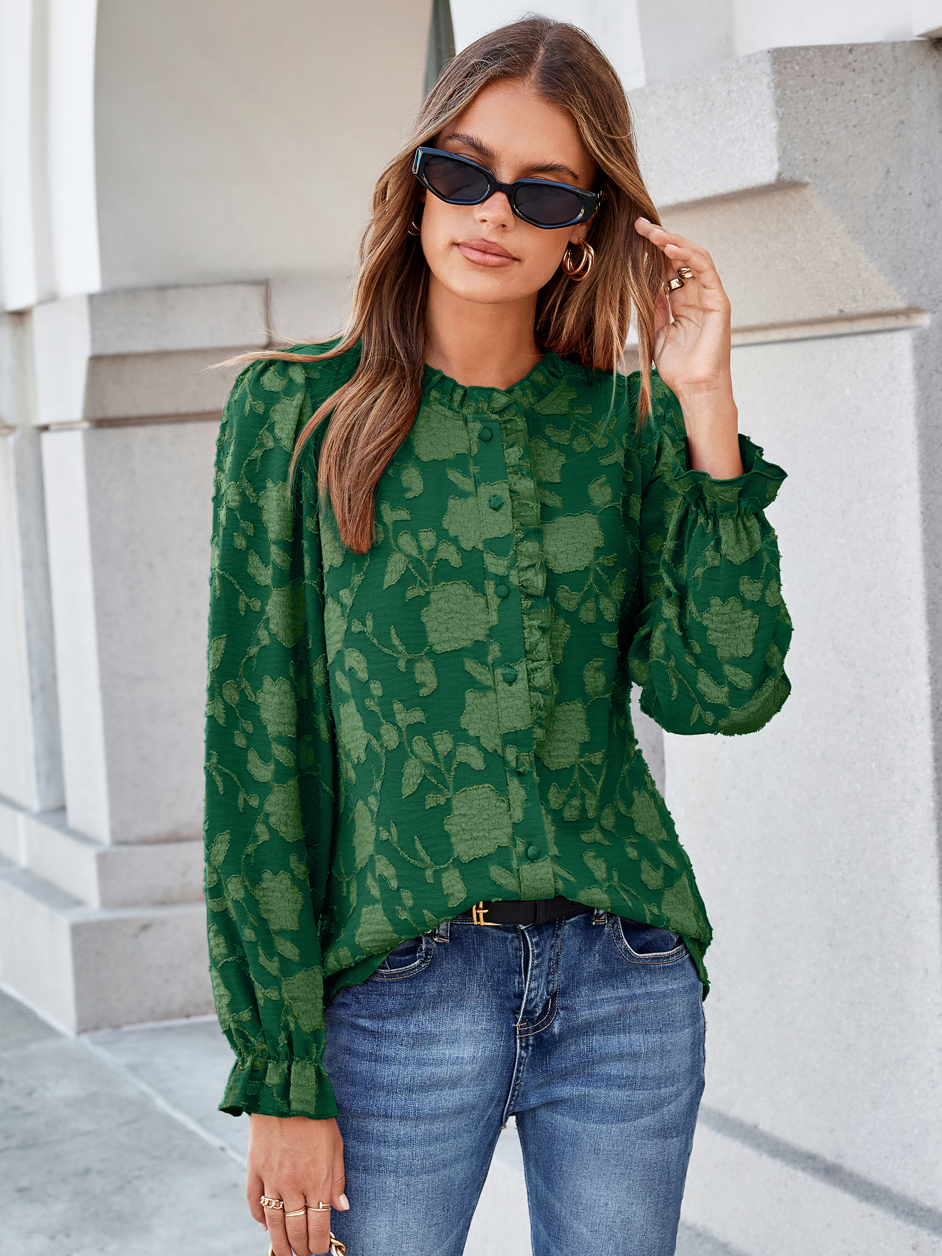 Frilled Ruffle Trim Burnout Floral Long Sleeve Blouse