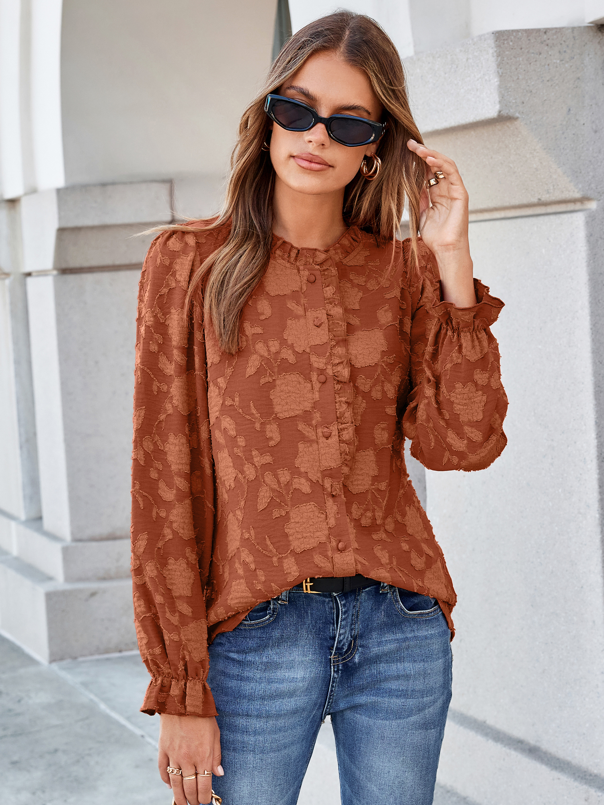 Frilled Ruffle Trim Burnout Floral Long Sleeve Blouse