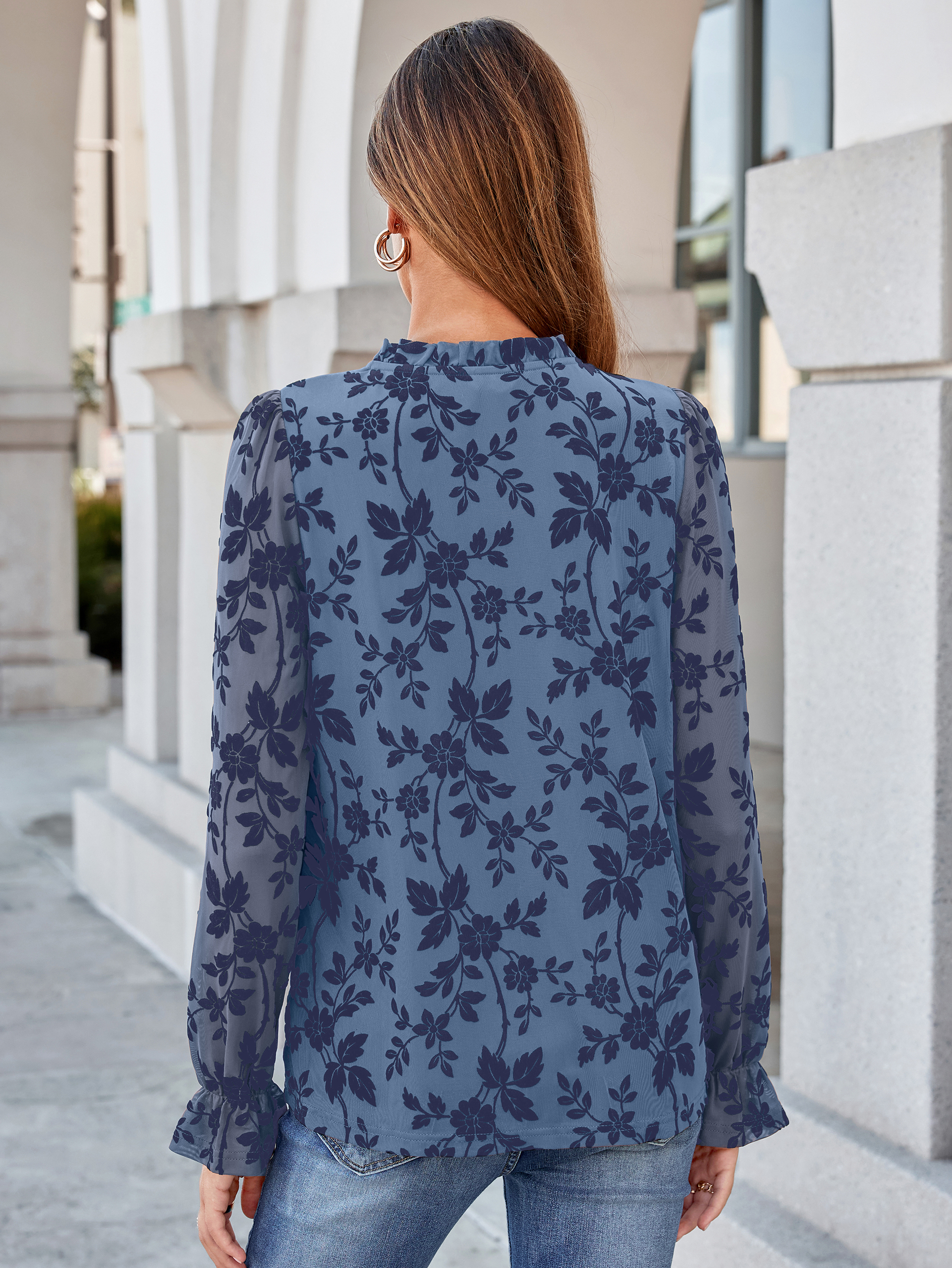 Flocked Floral Ruffled Mesh Long Sleeve Blouse