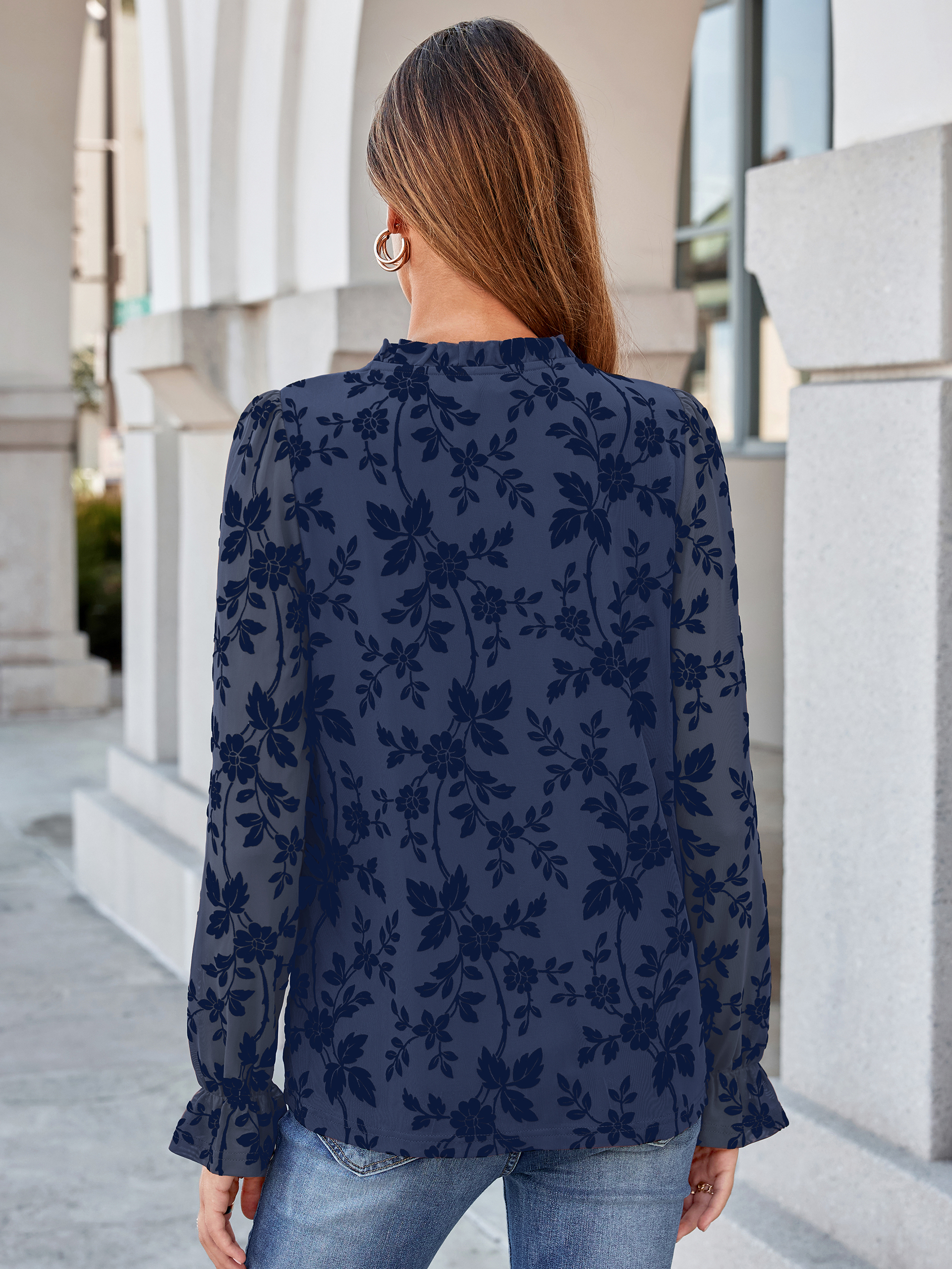 Flocked Floral Ruffled Mesh Long Sleeve Blouse