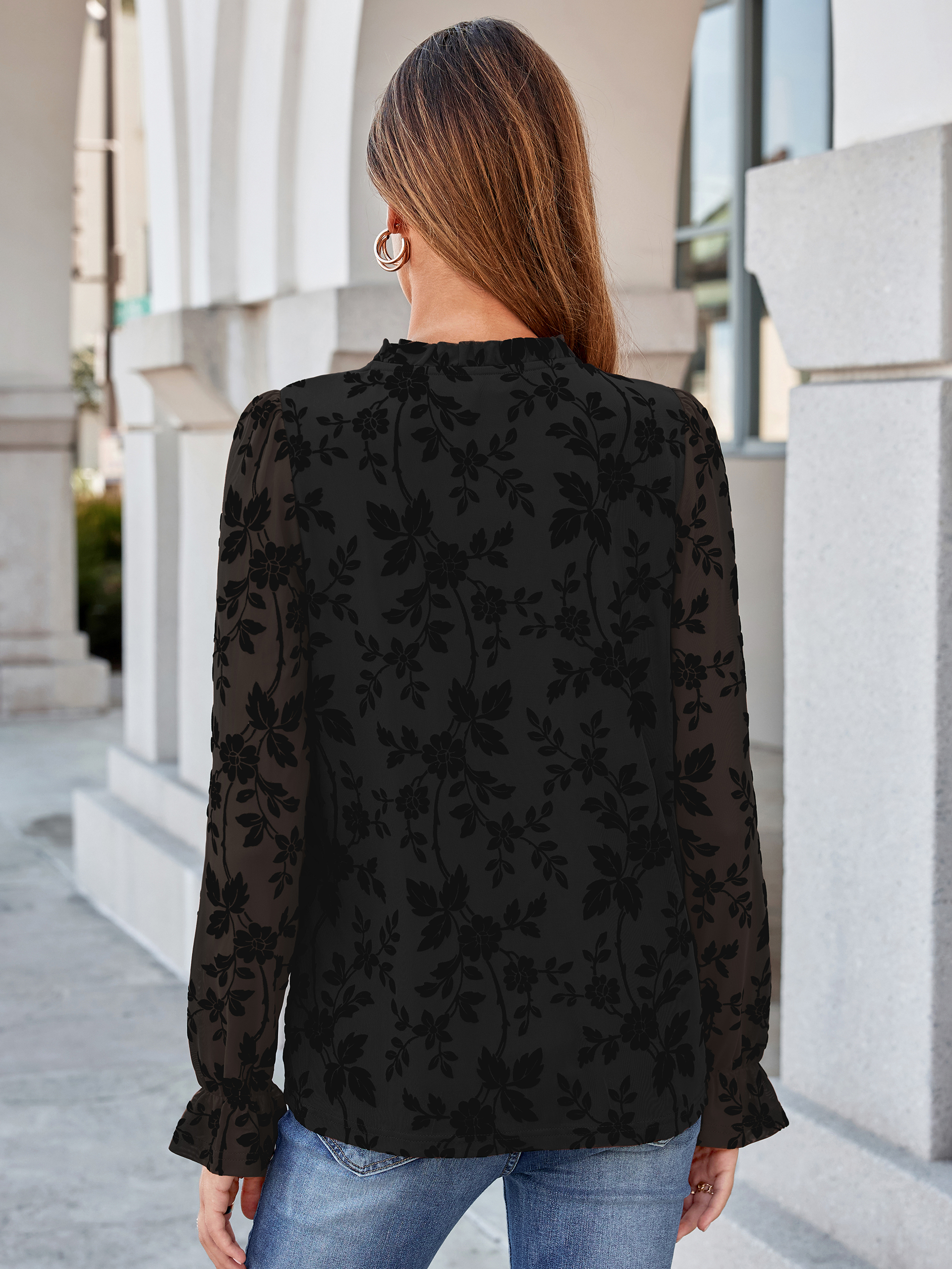Flocked Floral Ruffled Mesh Long Sleeve Blouse