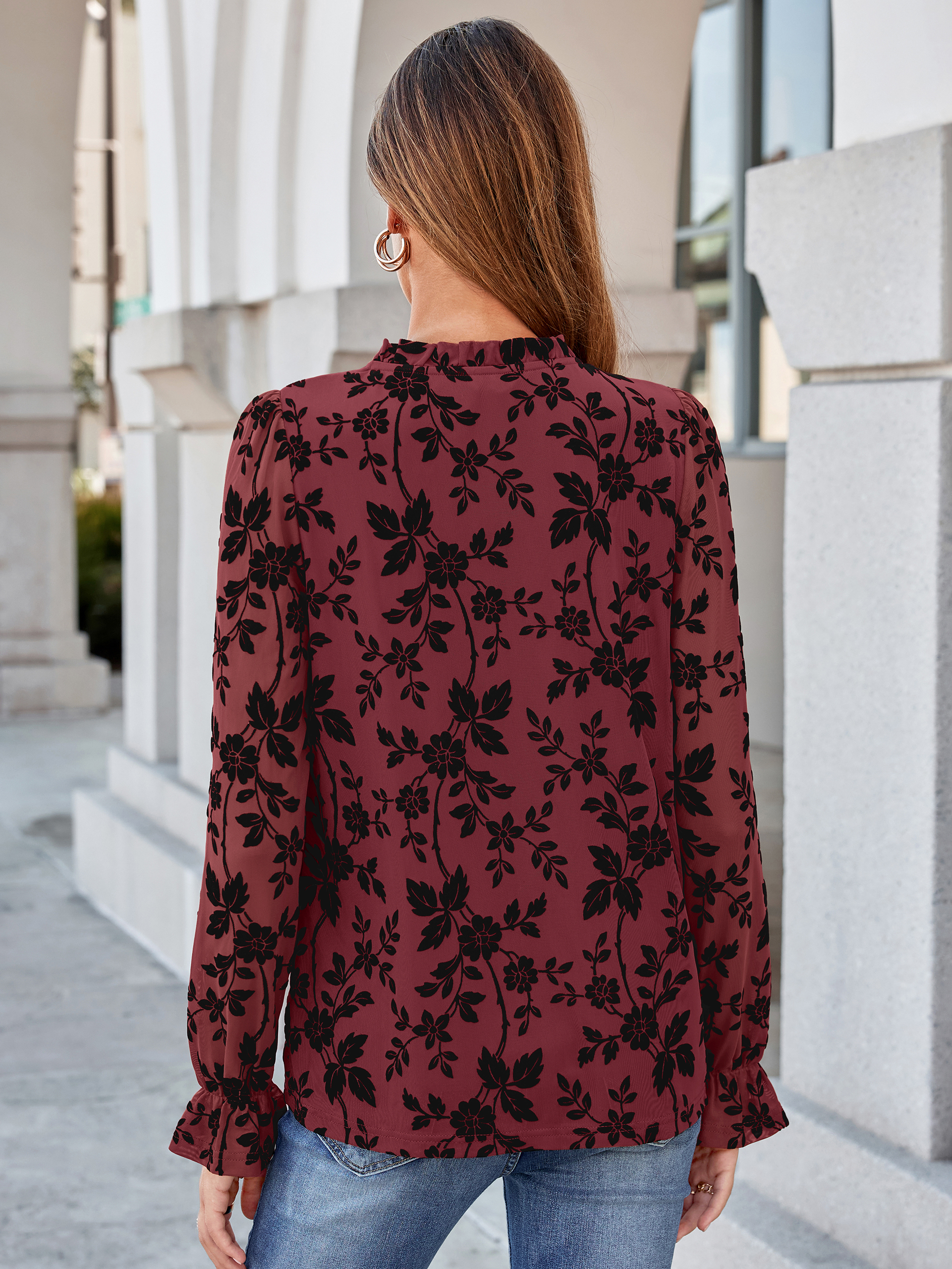 Flocked Floral Ruffled Mesh Long Sleeve Blouse