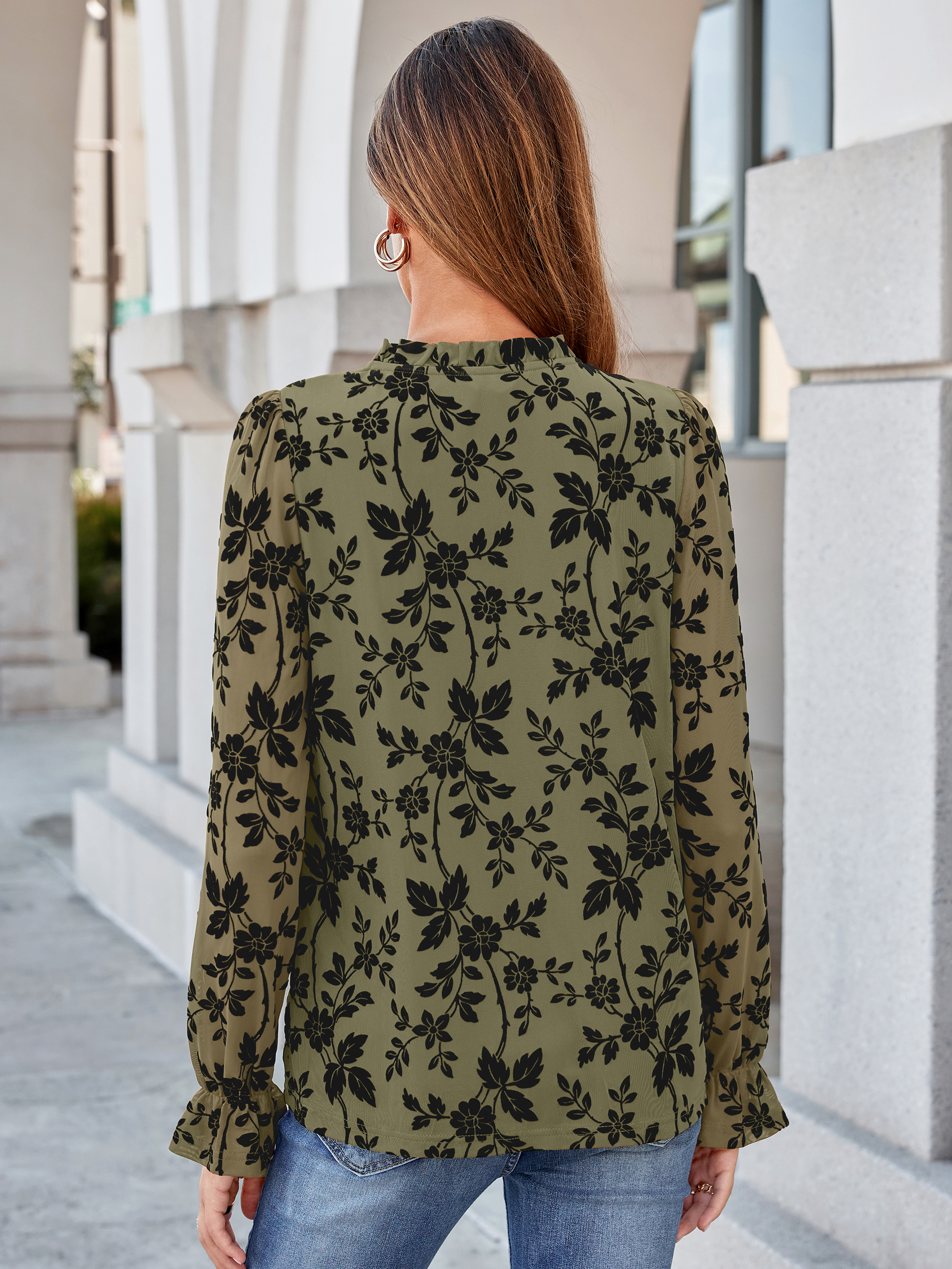 Flocked Floral Ruffled Mesh Long Sleeve Blouse