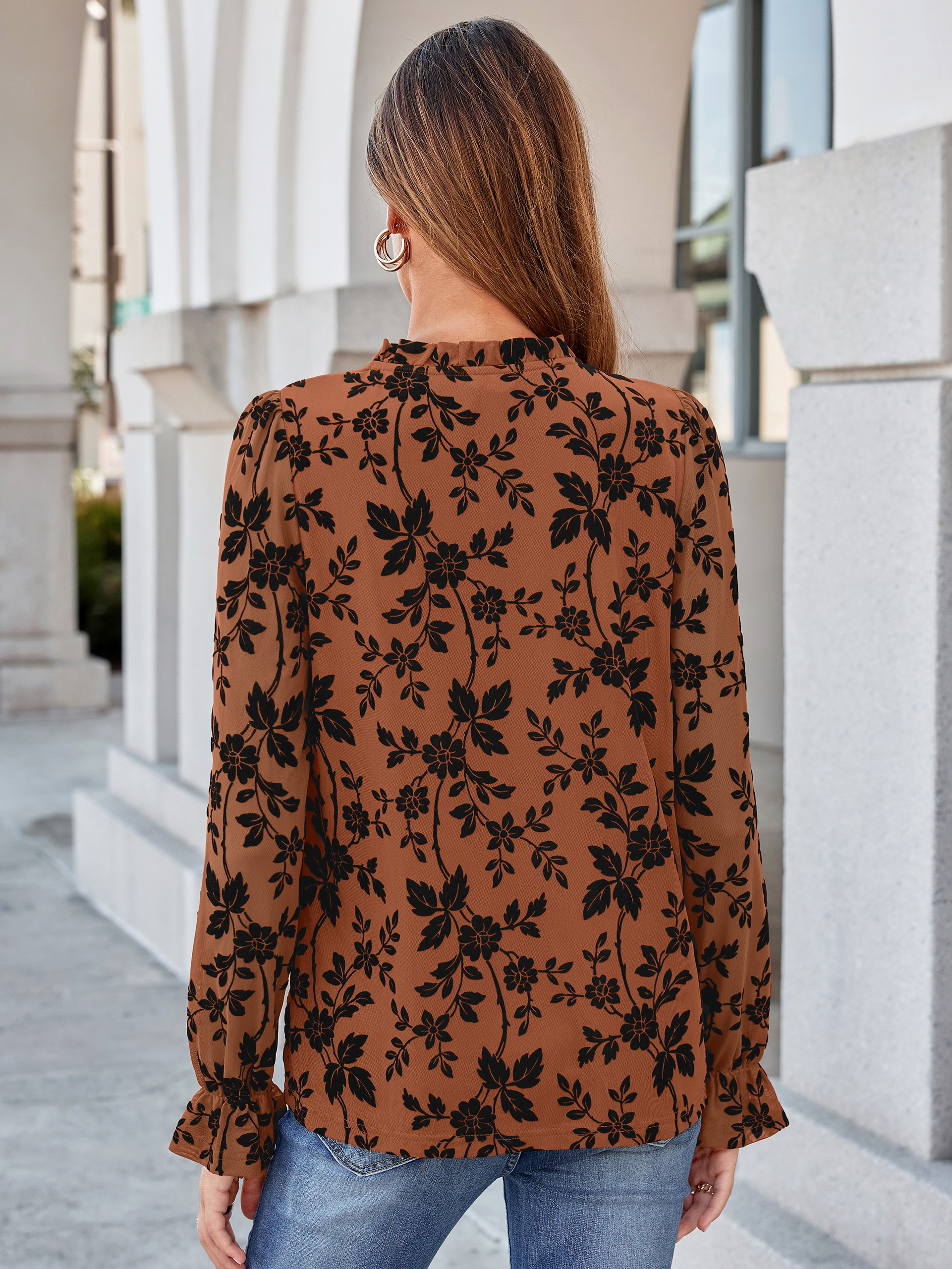 Flocked Floral Ruffled Mesh Long Sleeve Blouse