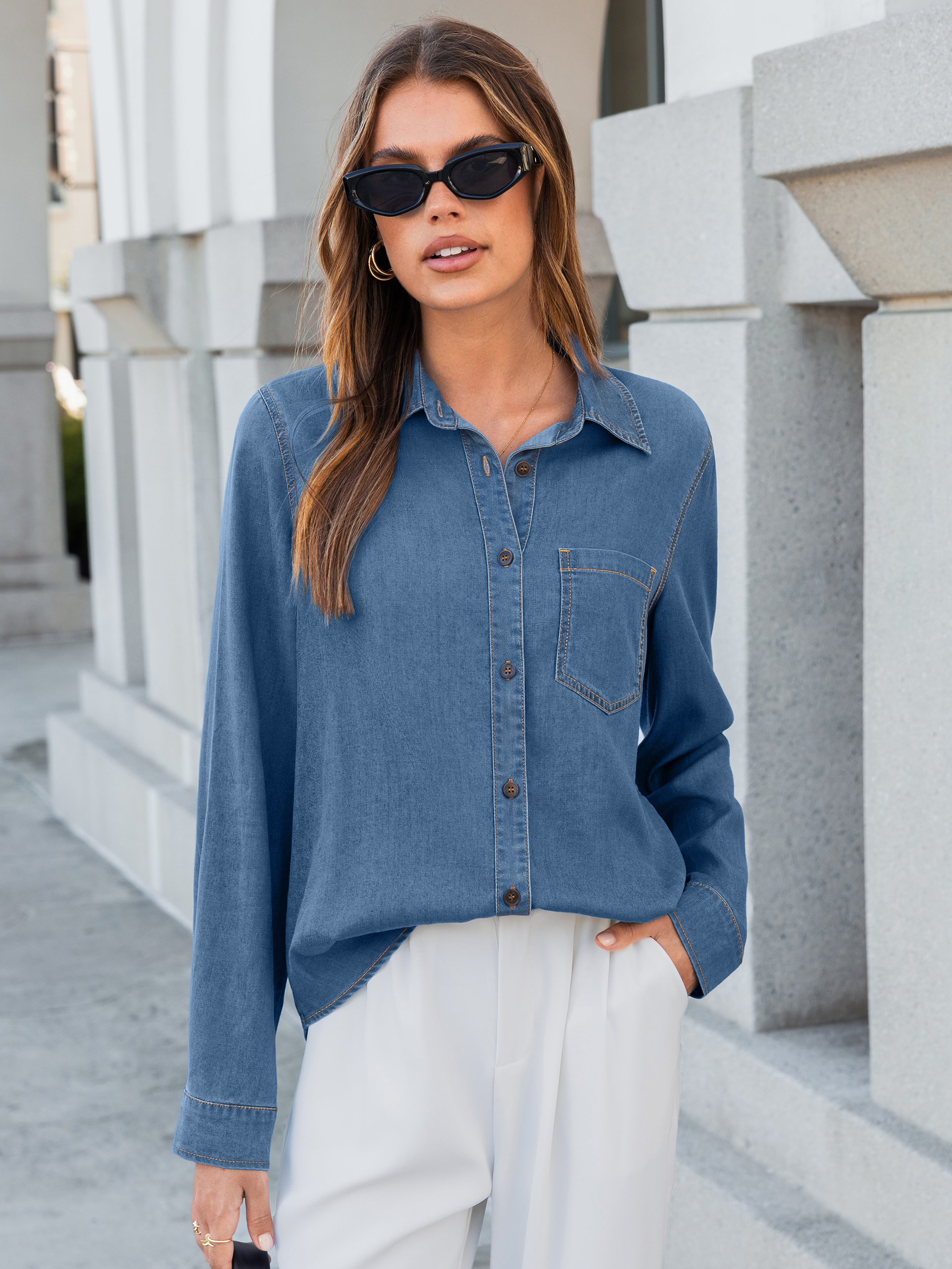 Stretch Lyocell Denim Button Down Shirt - Blue