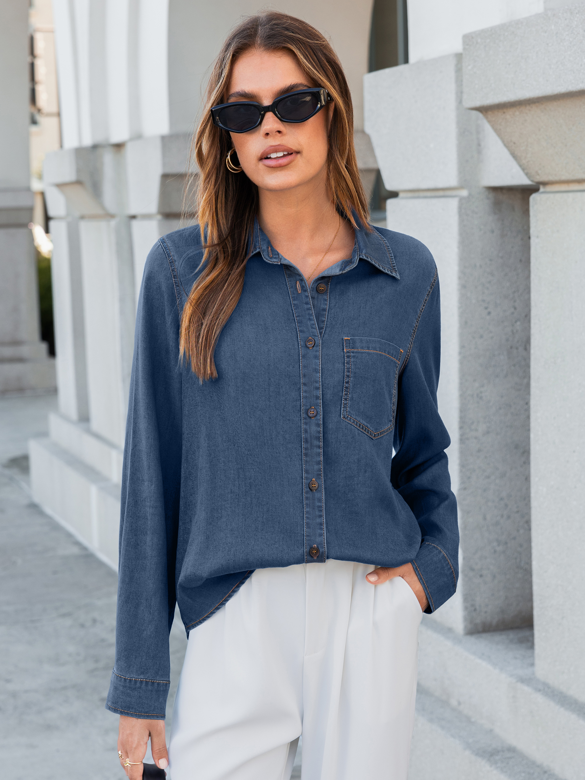 Stretch Lyocell Denim Button Down Shirt - Dark Blue