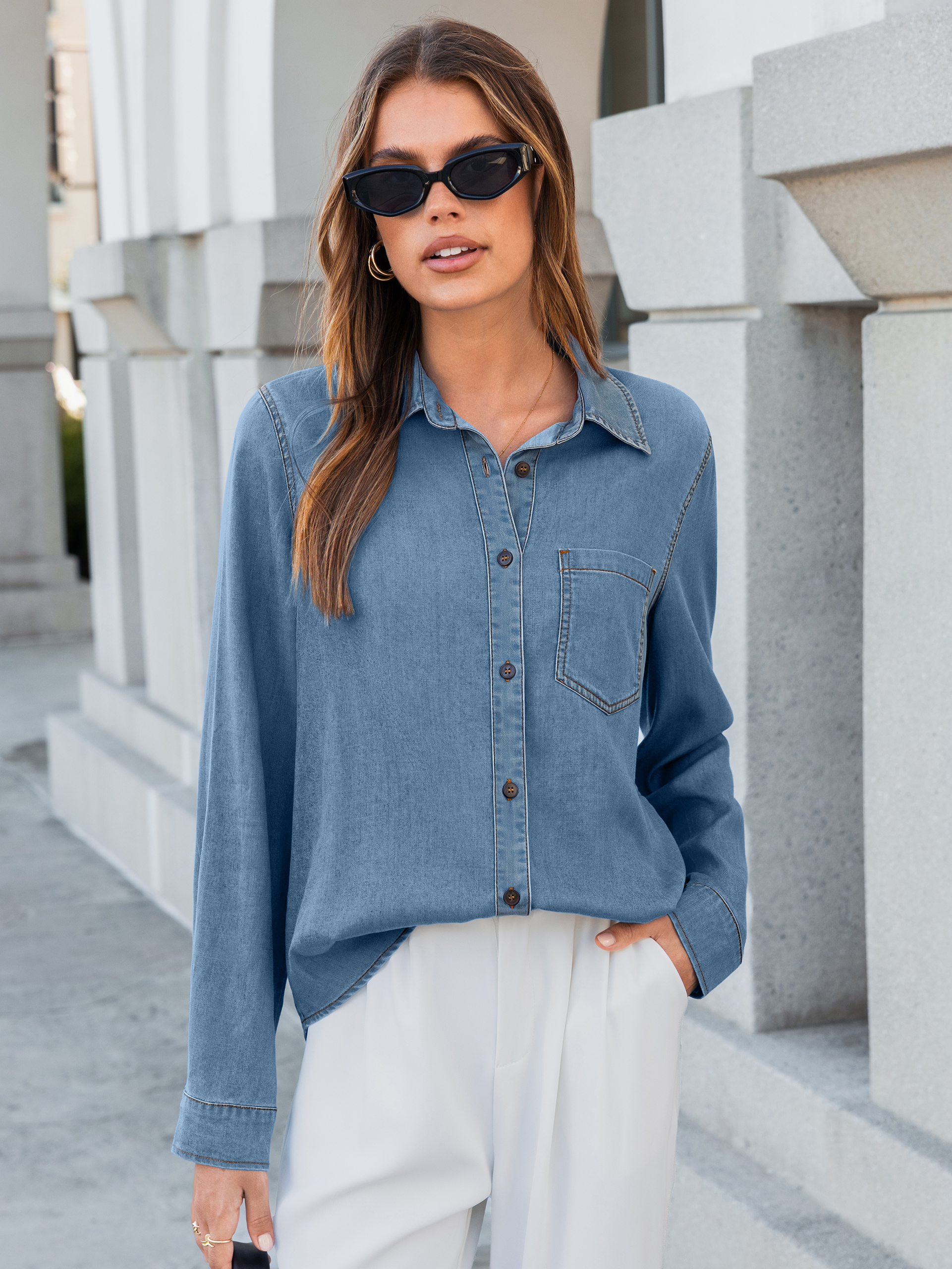 Stretch Lyocell Denim Button Down Shirt - Light Blue
