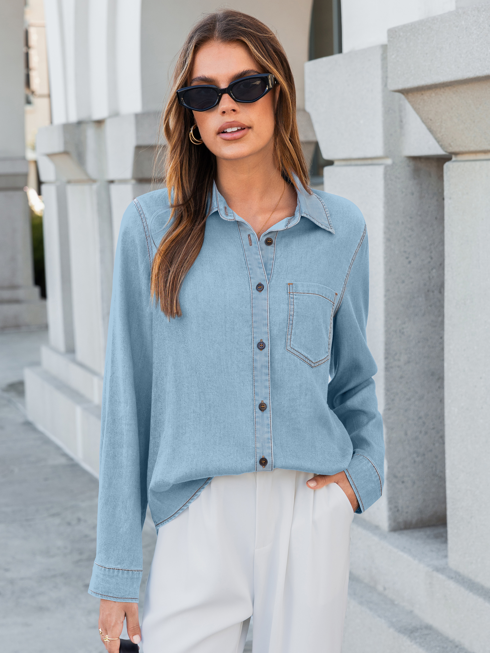 Stretch Lyocell Denim Button Down Shirt - Sky Blue