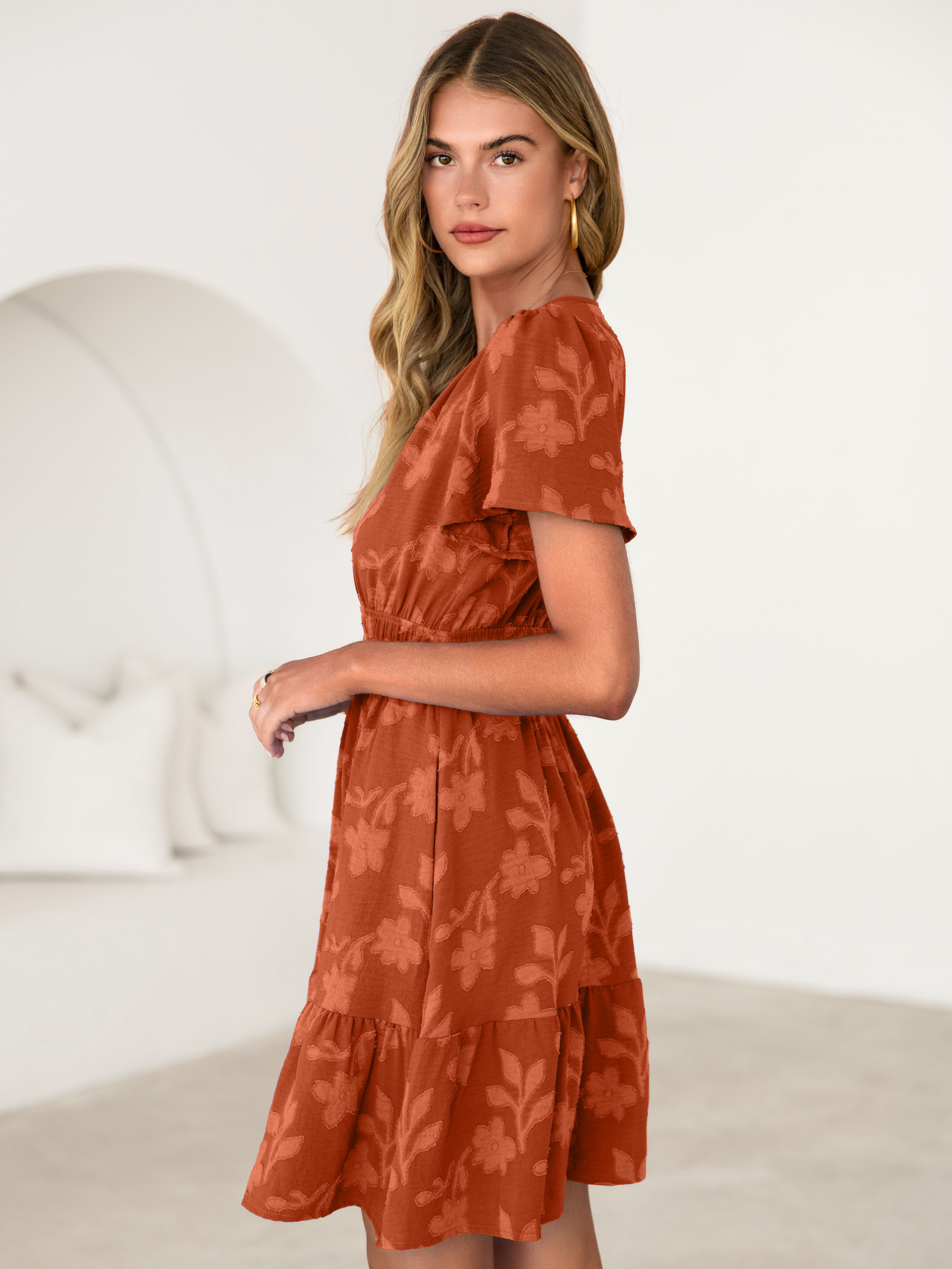 Floral Jacquard V Neck Short Sleeve Mini Dress - Orange