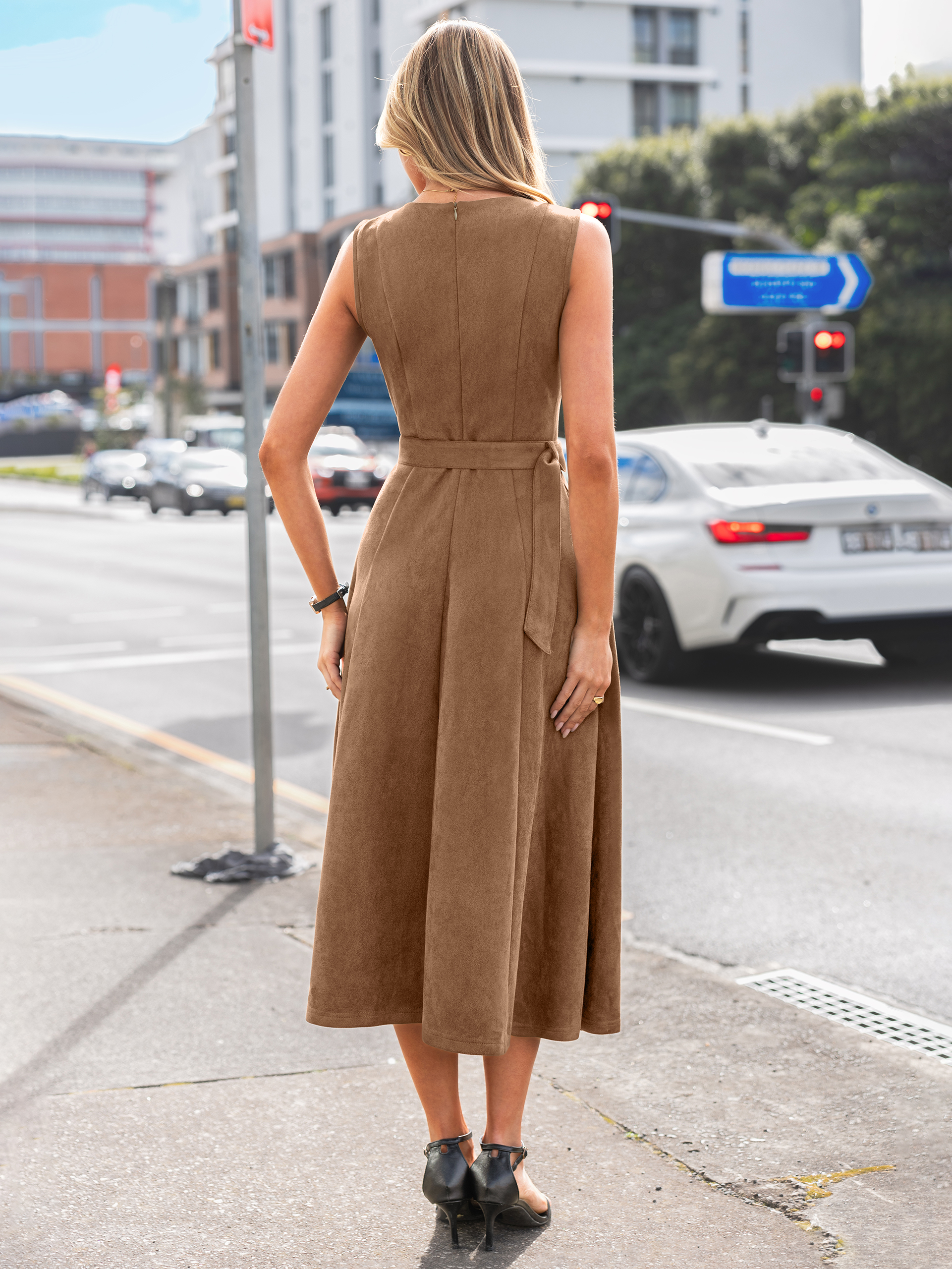 Belted Faux Suede A-Line Sleeveless Midi Dress