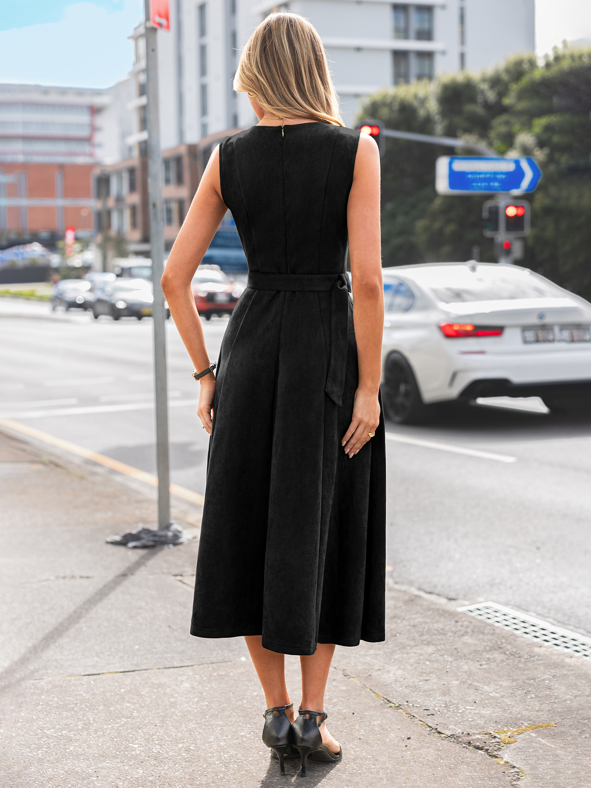 Belted Faux Suede A-Line Sleeveless Midi Dress