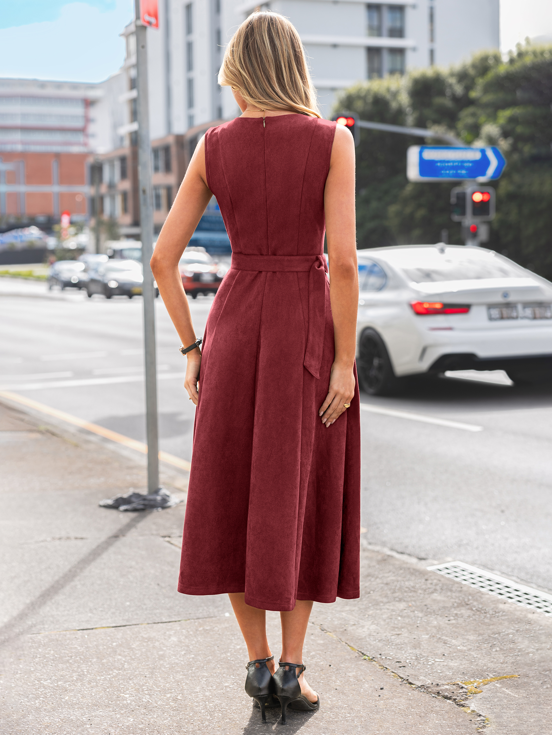 Belted Faux Suede A-Line Sleeveless Midi Dress
