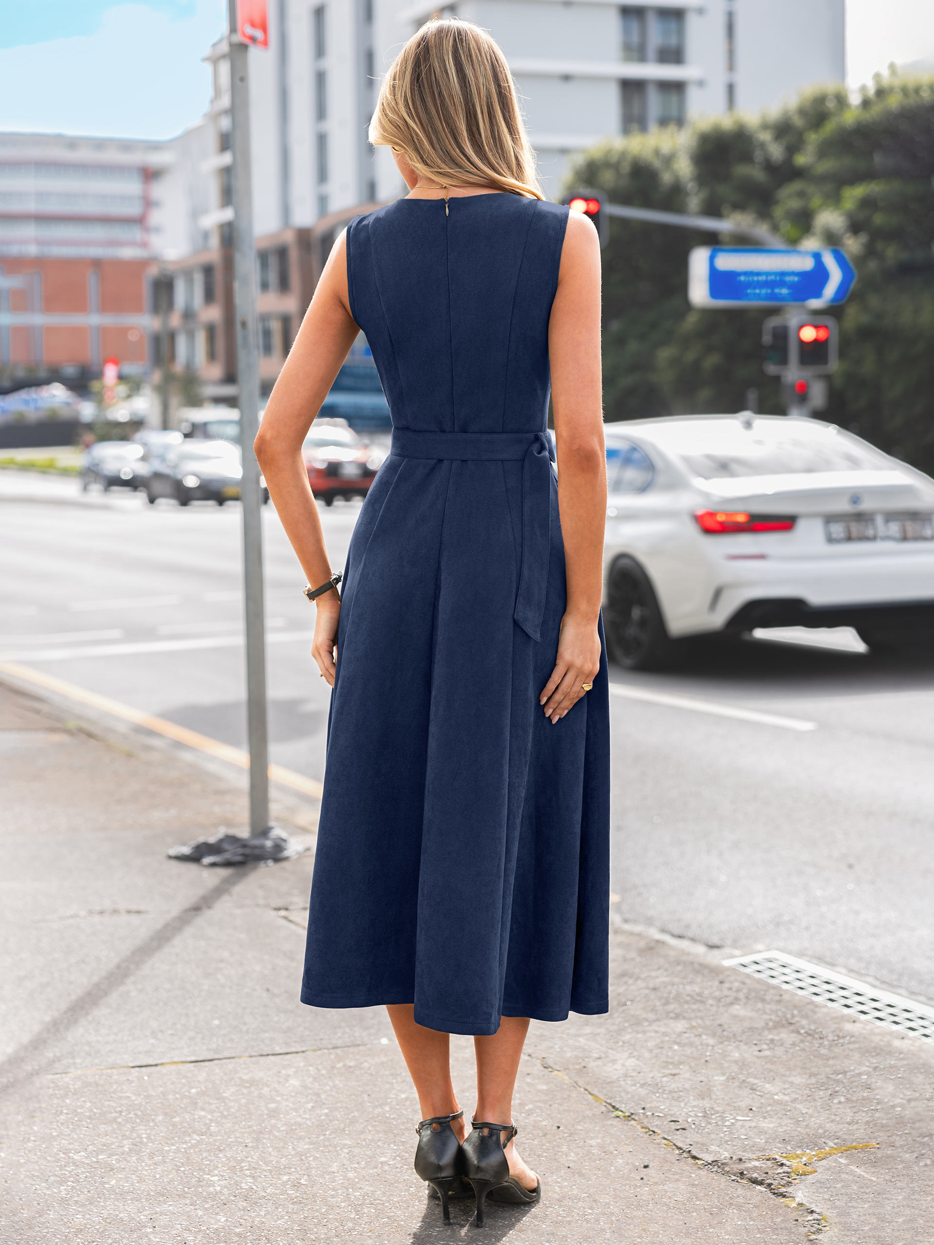 Belted Faux Suede A-Line Sleeveless Midi Dress