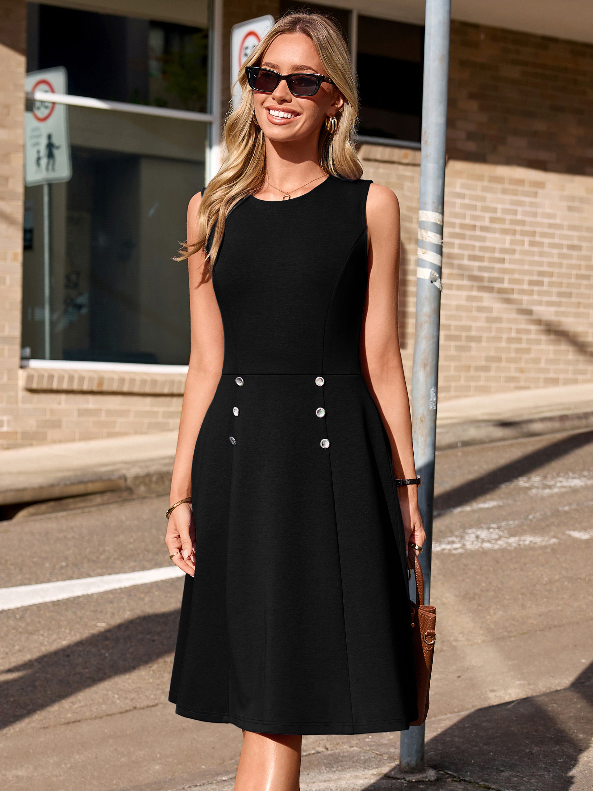 Round Neck A-Line Office Midi Dress