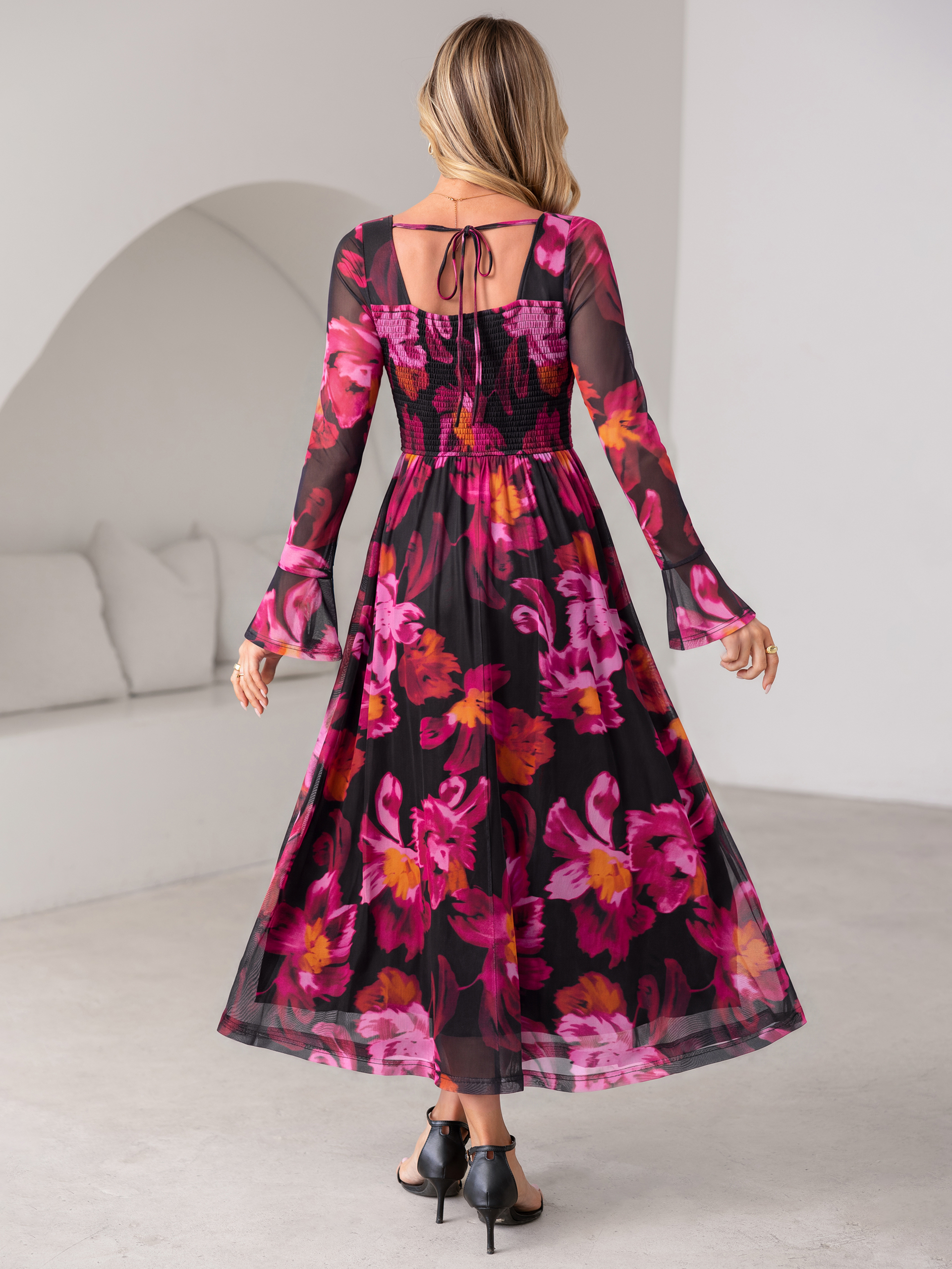 Square Neck Floral Mesh Bell Sleeve Maxi Dress