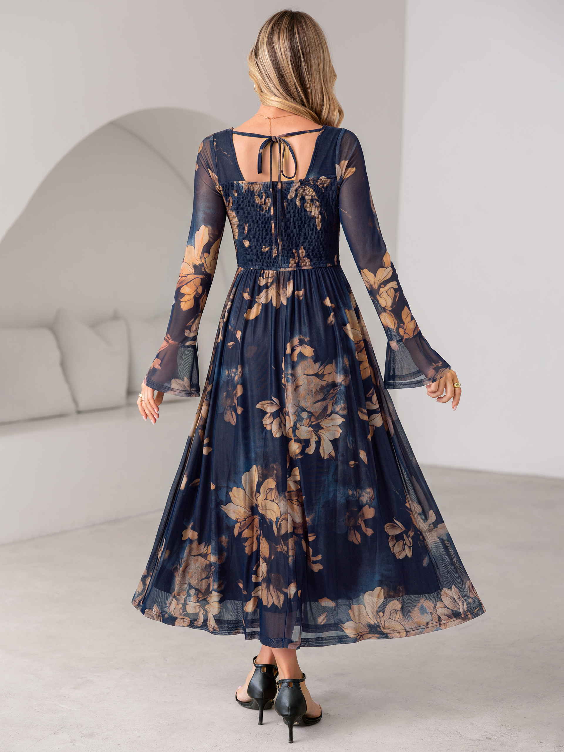 Square Neck Floral Mesh Bell Sleeve Maxi Dress