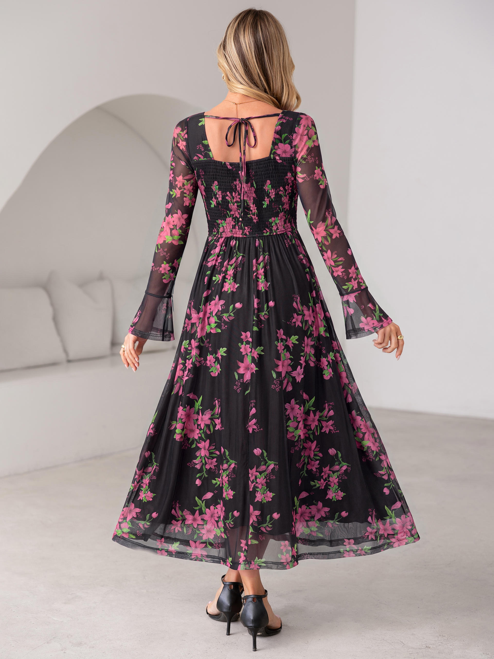 Square Neck Floral Mesh Bell Sleeve Maxi Dress