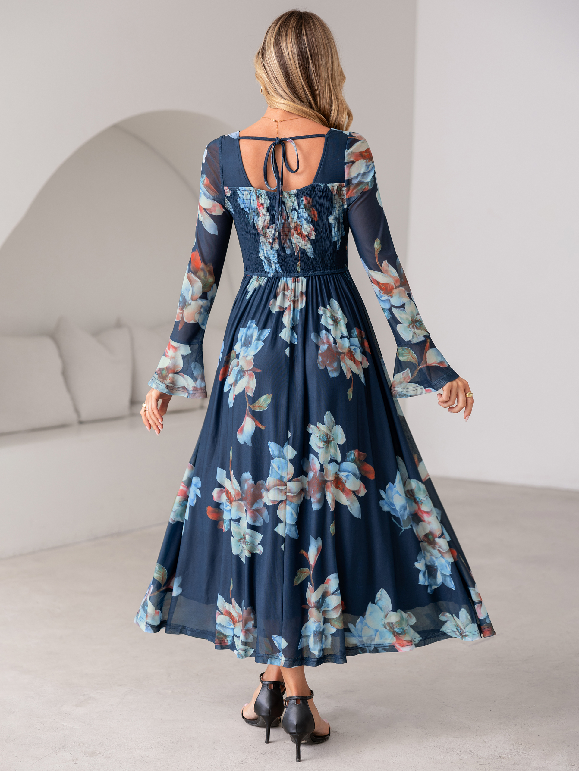 Square Neck Floral Mesh Bell Sleeve Maxi Dress