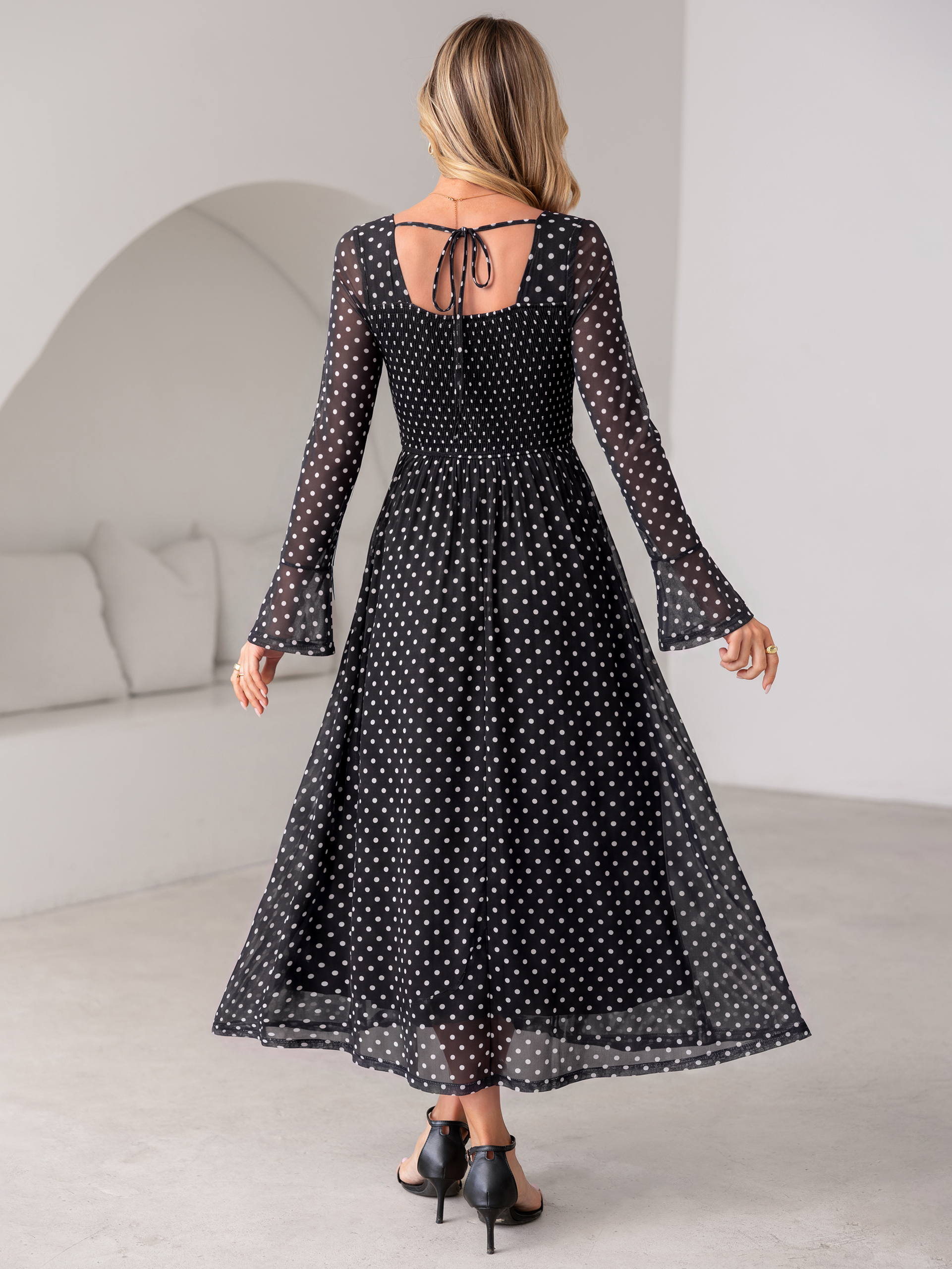 Polka Dot Print Square Neck Mesh Maxi Dress