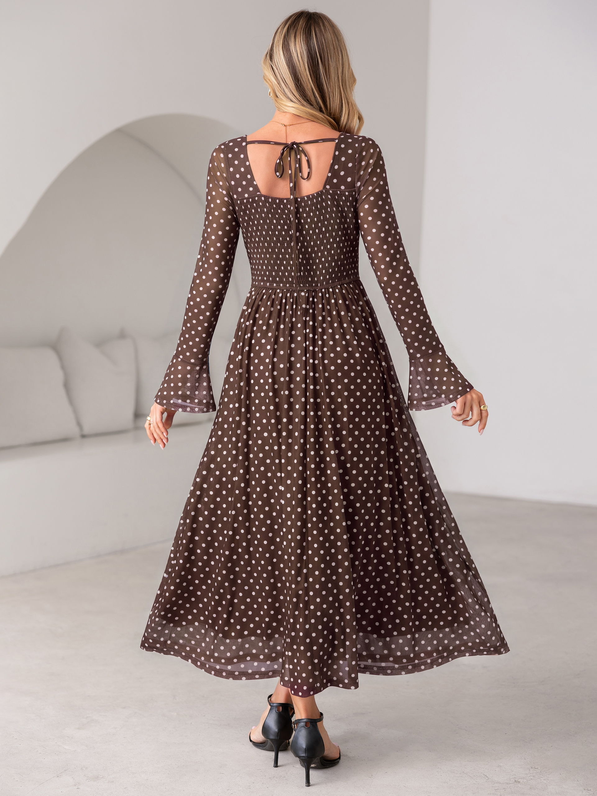 Polka Dot Print Square Neck Mesh Maxi Dress