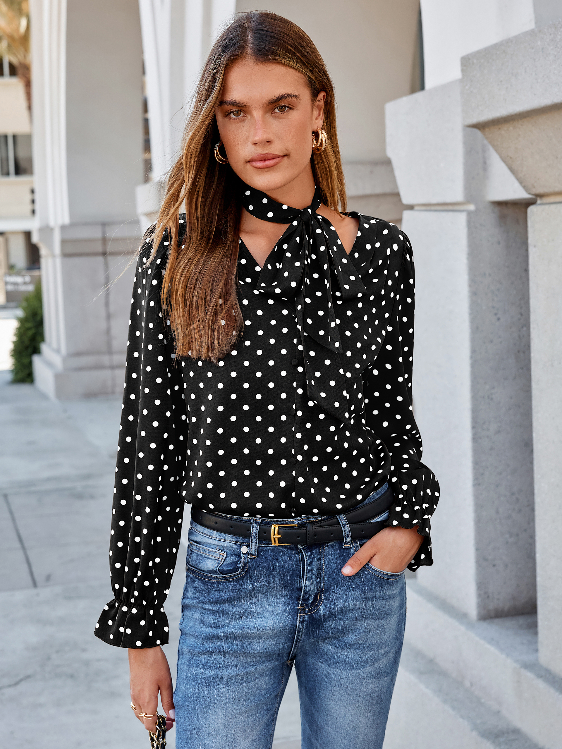 Polka Dot Tie-Neck Long Sleeve Satin Blouse