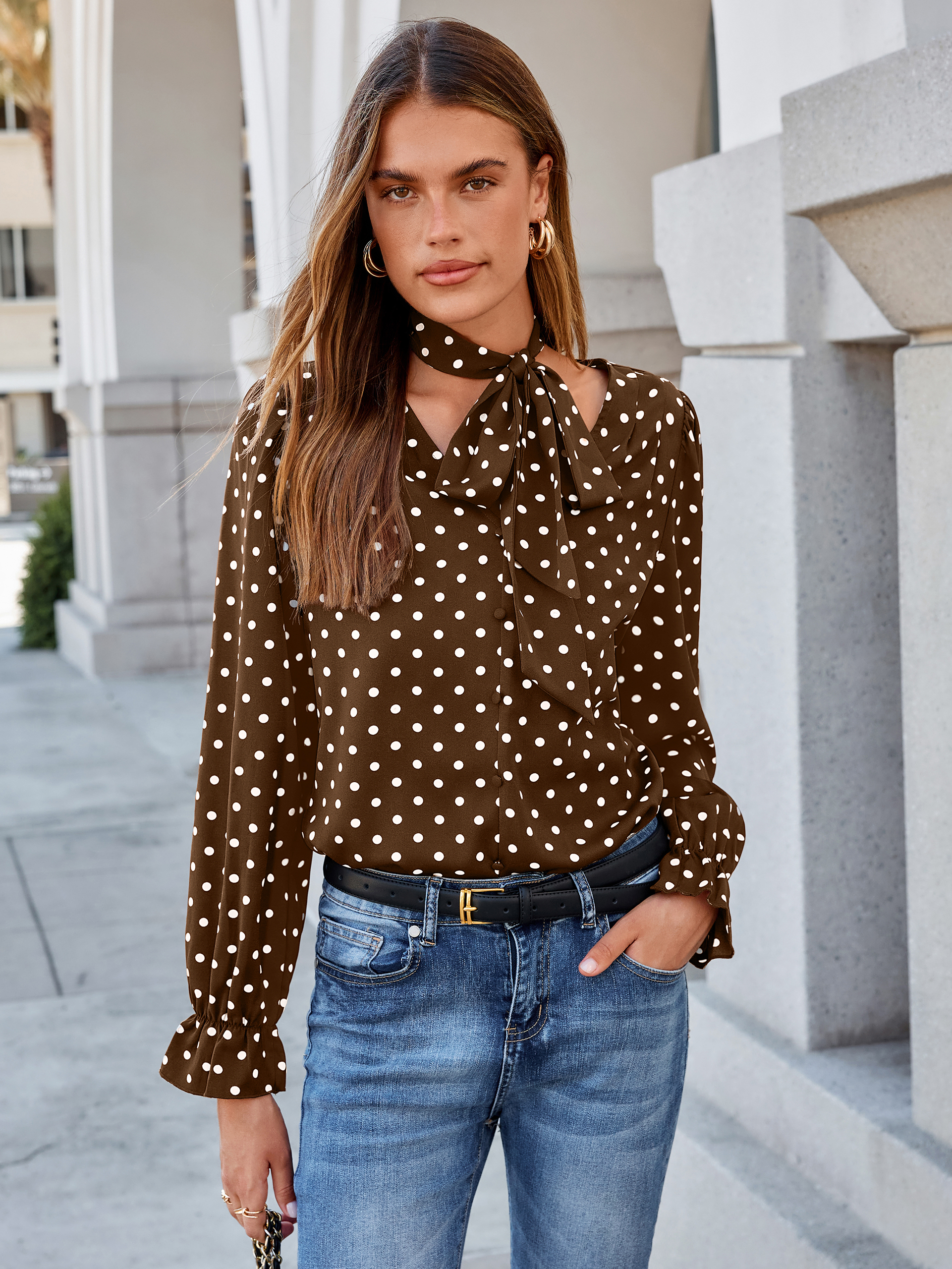 Polka Dot Tie-Neck Long Sleeve Satin Blouse
