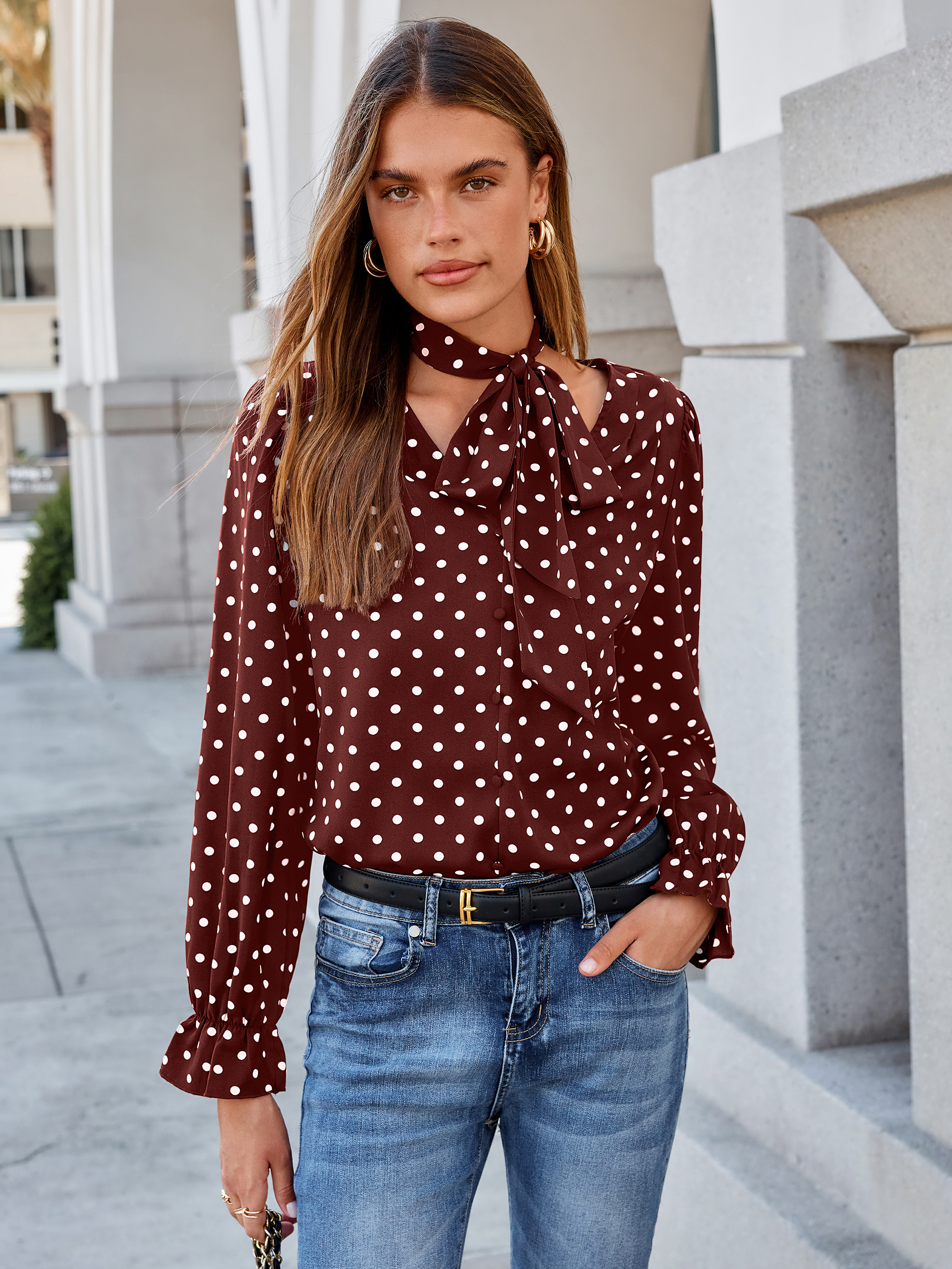 Polka Dot Tie-Neck Long Sleeve Satin Blouse