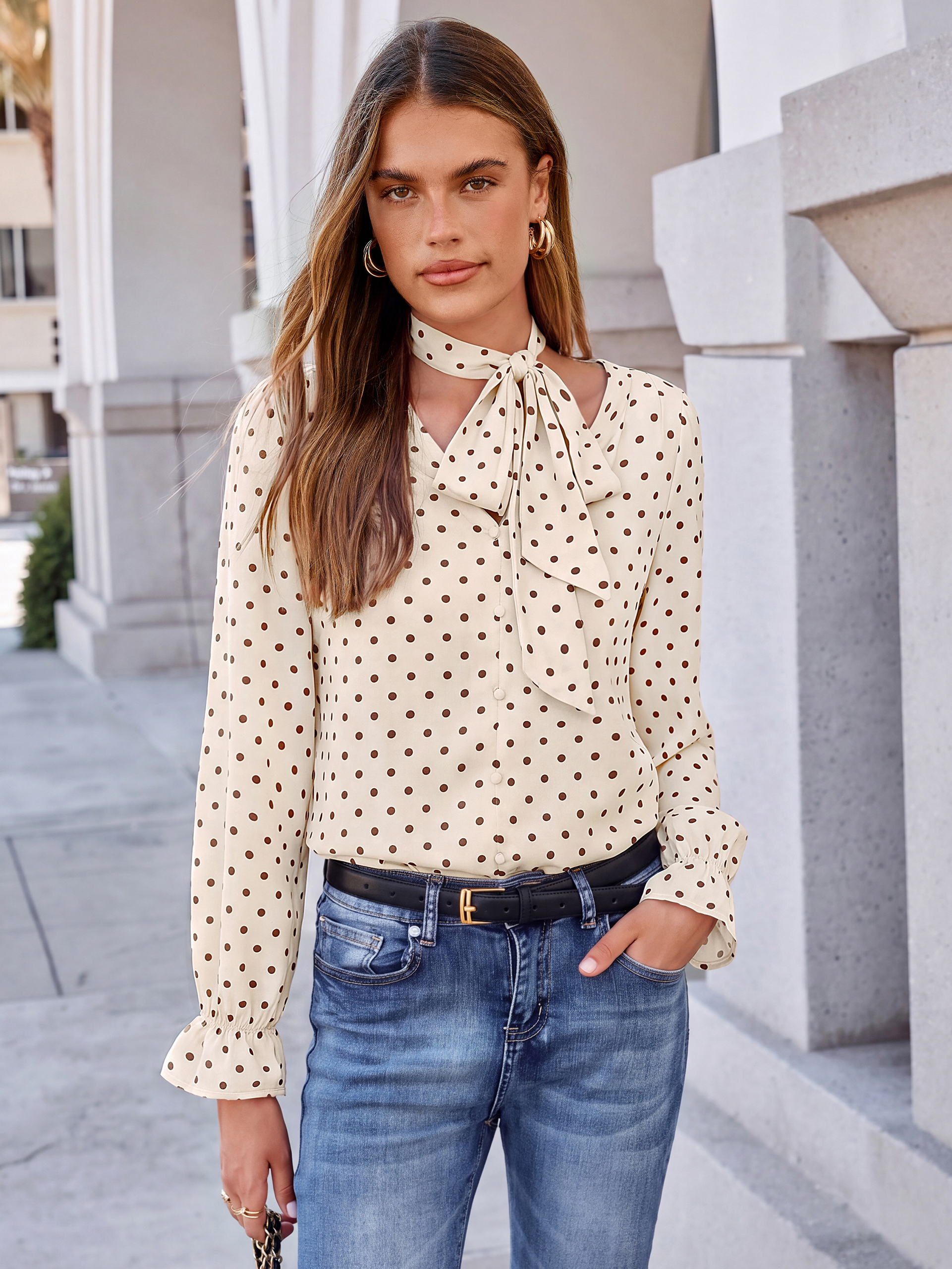 Polka Dot Tie-Neck Long Sleeve Satin Blouse