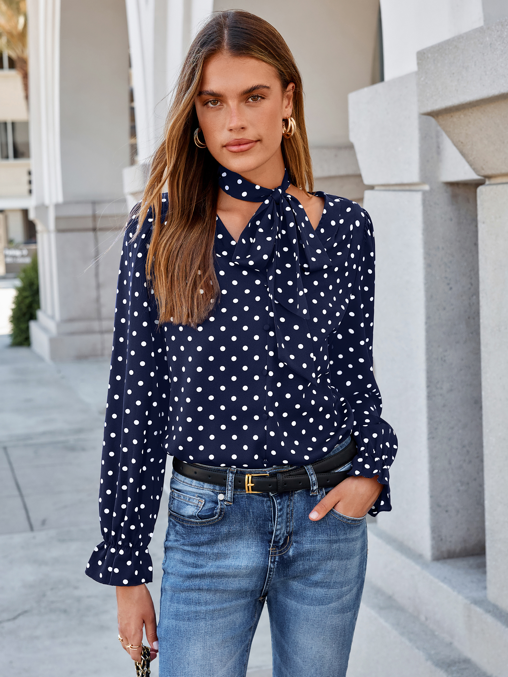 Polka Dot Tie-Neck Long Sleeve Satin Blouse