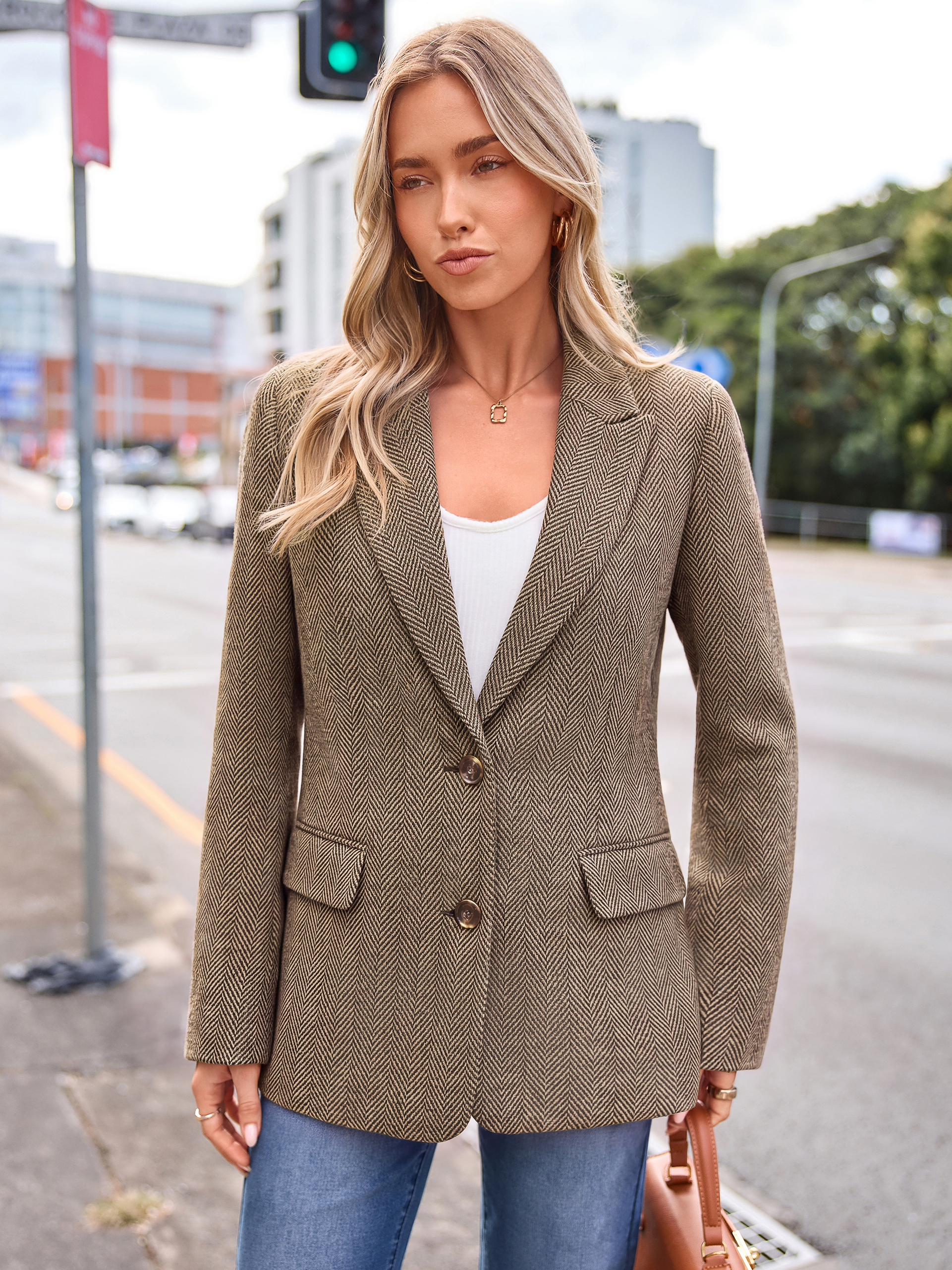 Notched Lapel Two-Button Wool-Like Blazer