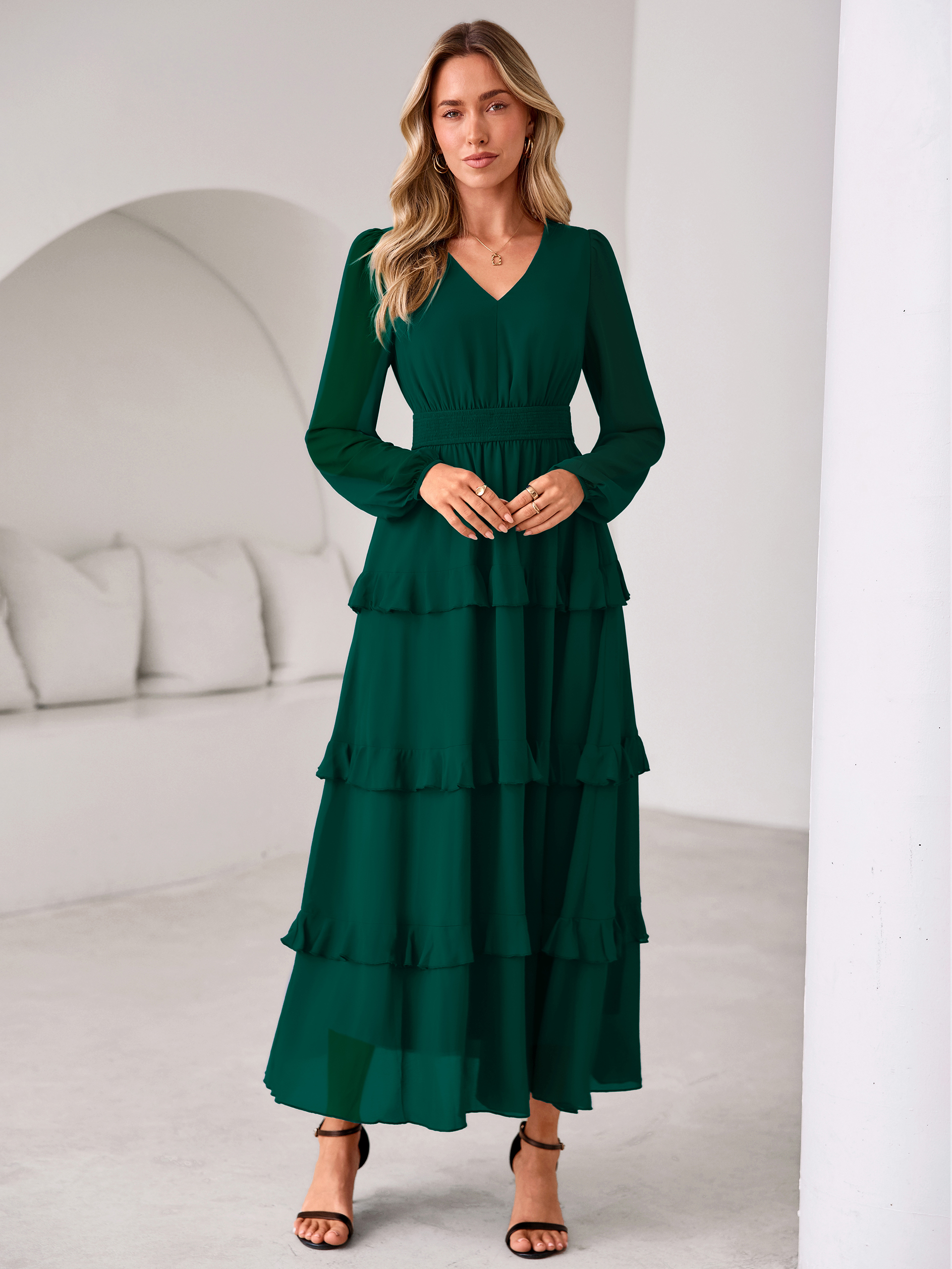 V-Neck Smocked Waist Tiered Ruffle Chiffon Maxi Dress