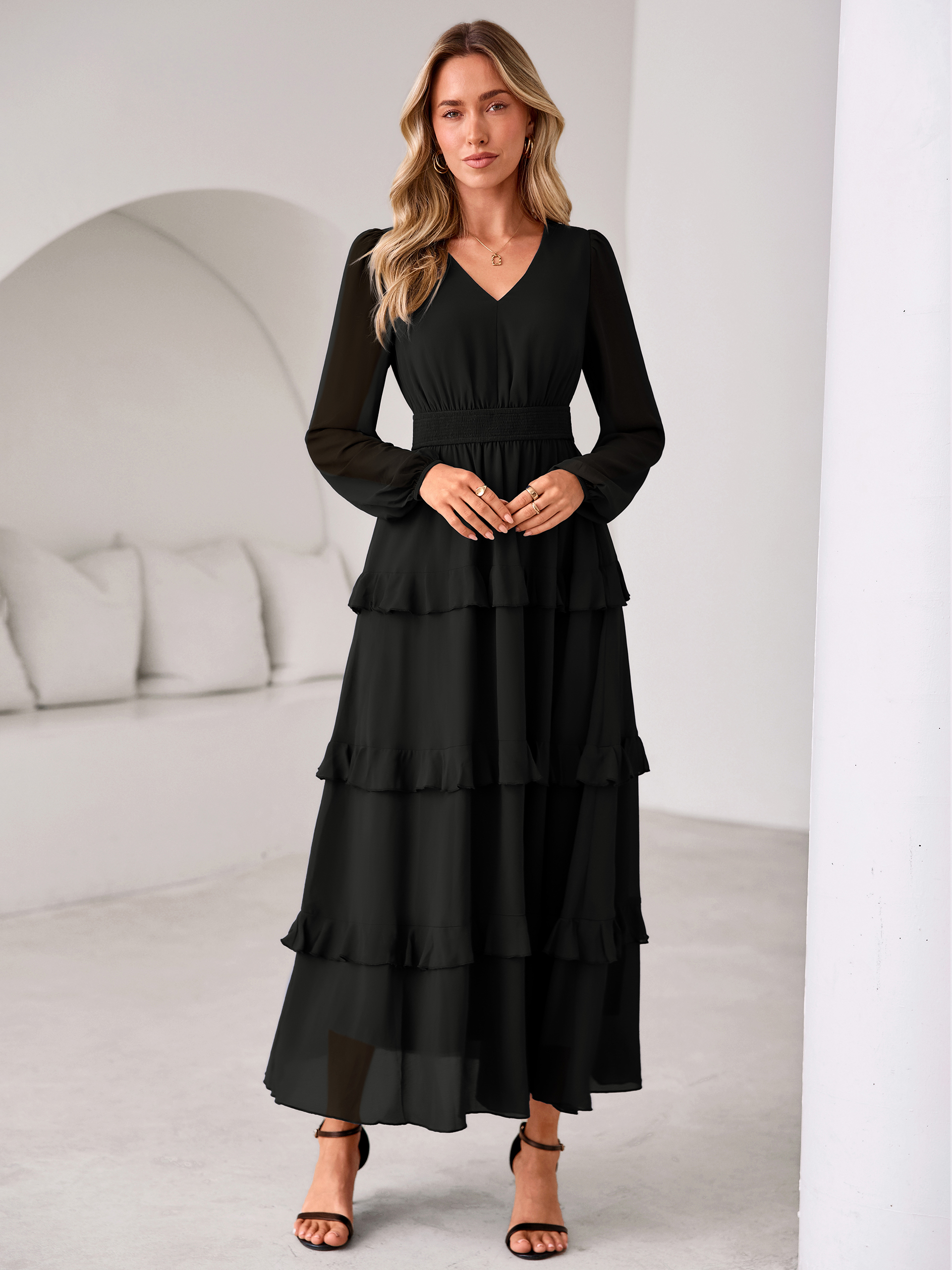 V-Neck Smocked Waist Tiered Ruffle Chiffon Maxi Dress