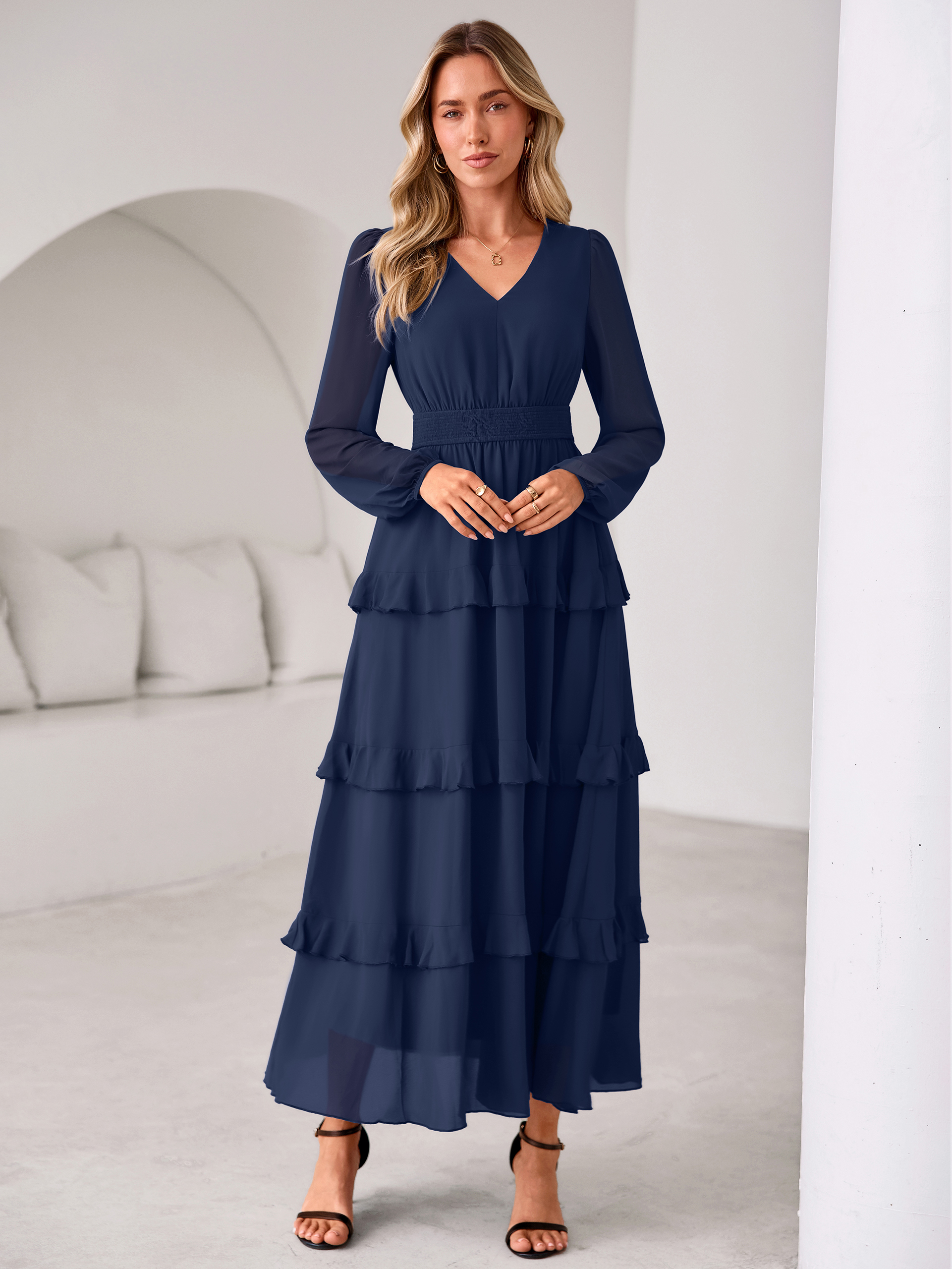 V-Neck Smocked Waist Tiered Ruffle Chiffon Maxi Dress