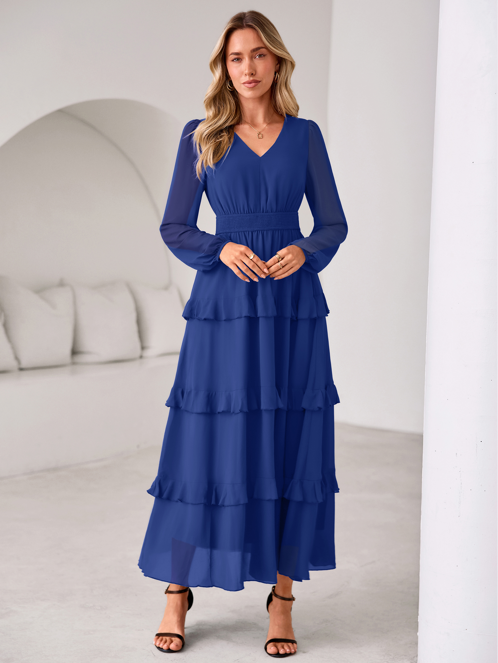 V-Neck Smocked Waist Tiered Ruffle Chiffon Maxi Dress
