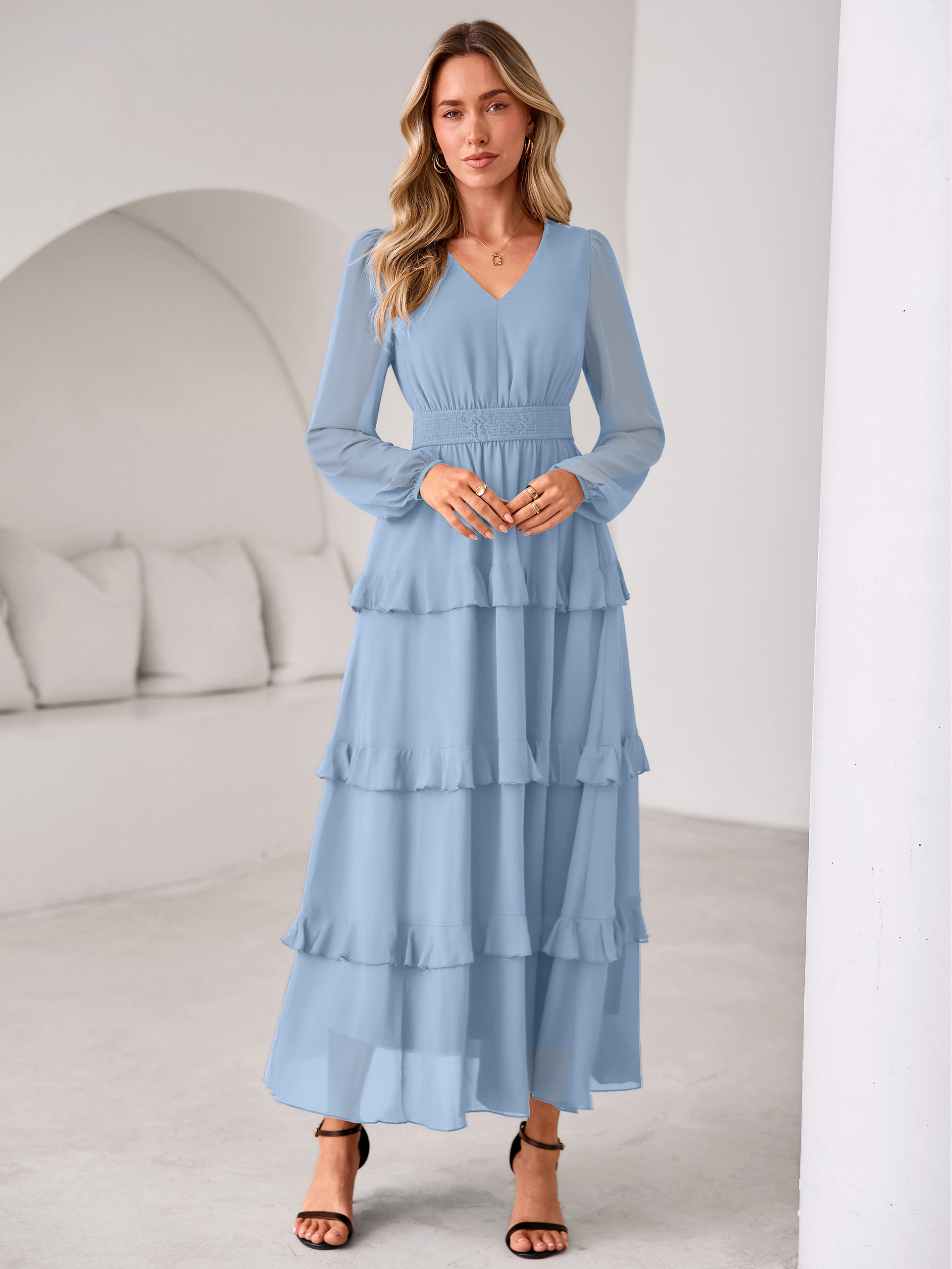 V-Neck Smocked Waist Tiered Ruffle Chiffon Maxi Dress