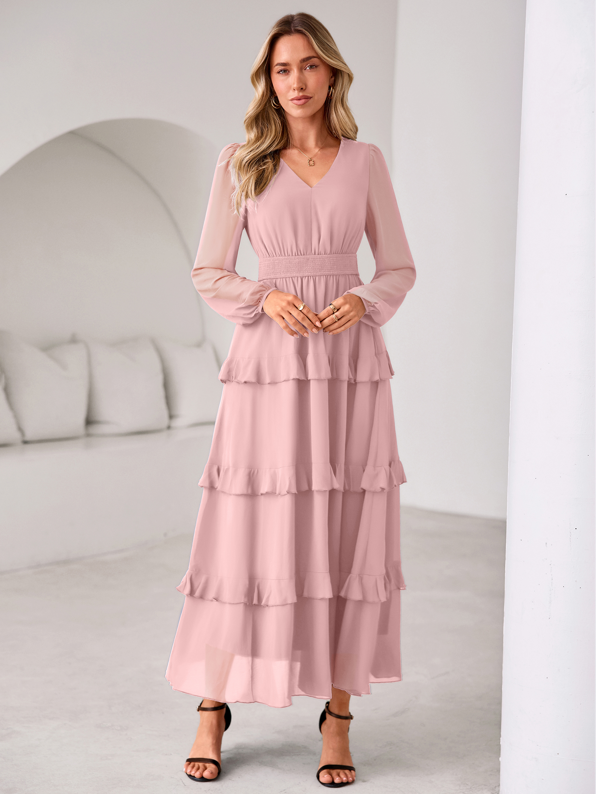 V-Neck Smocked Waist Tiered Ruffle Chiffon Maxi Dress