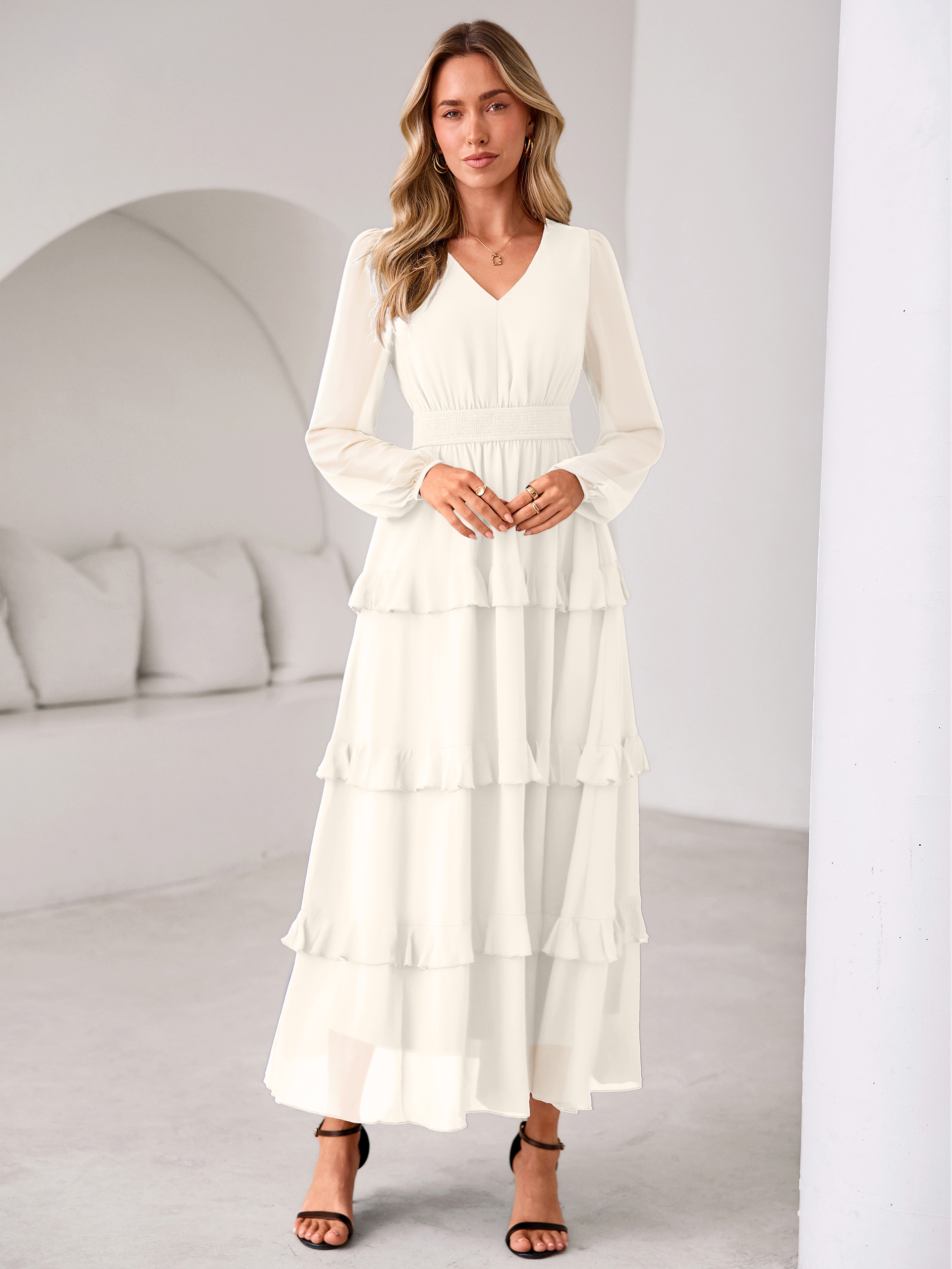 V-Neck Smocked Waist Tiered Ruffle Chiffon Maxi Dress