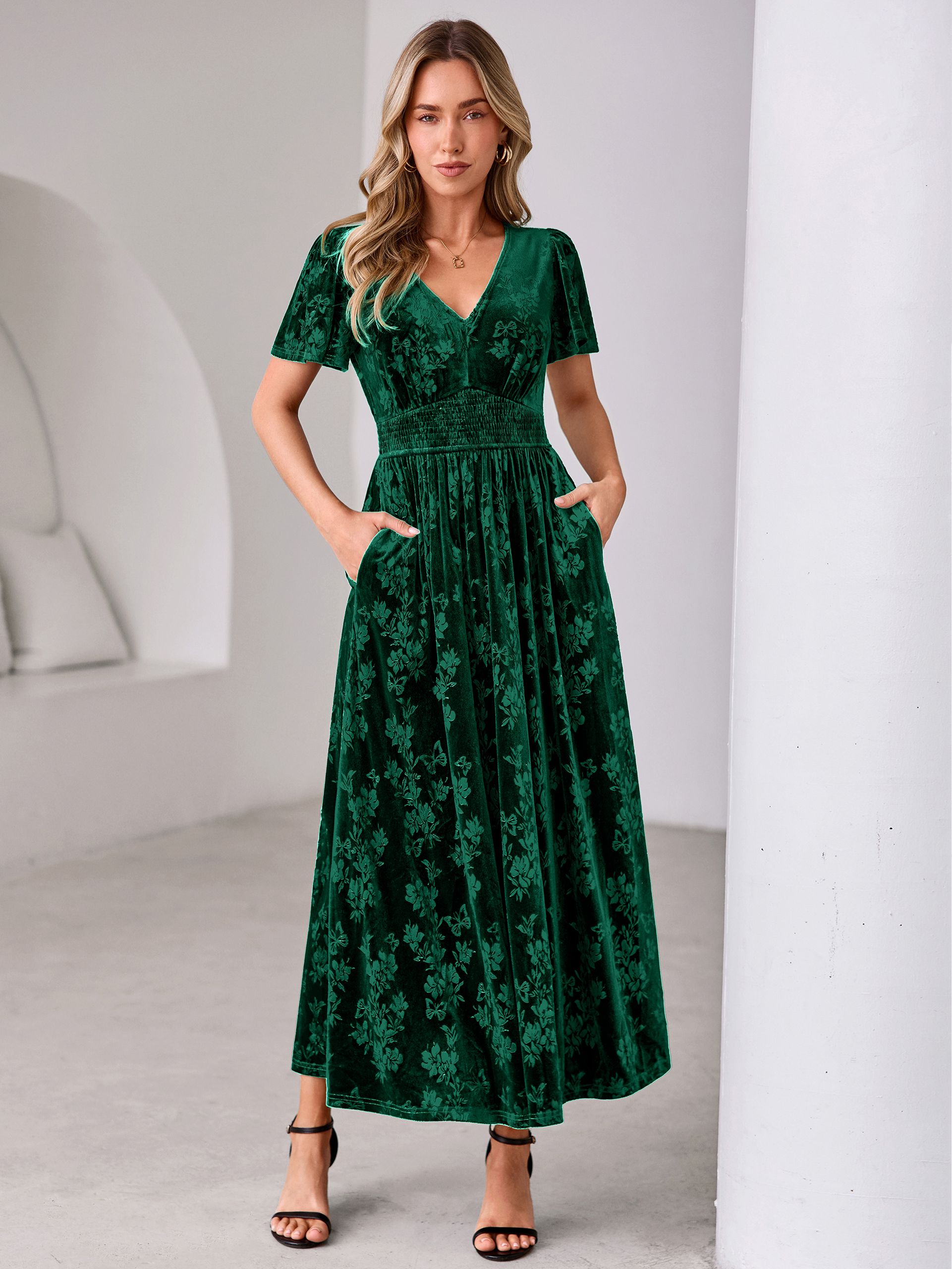 V-Neck Embossed Floral Velvet Maxi Dress