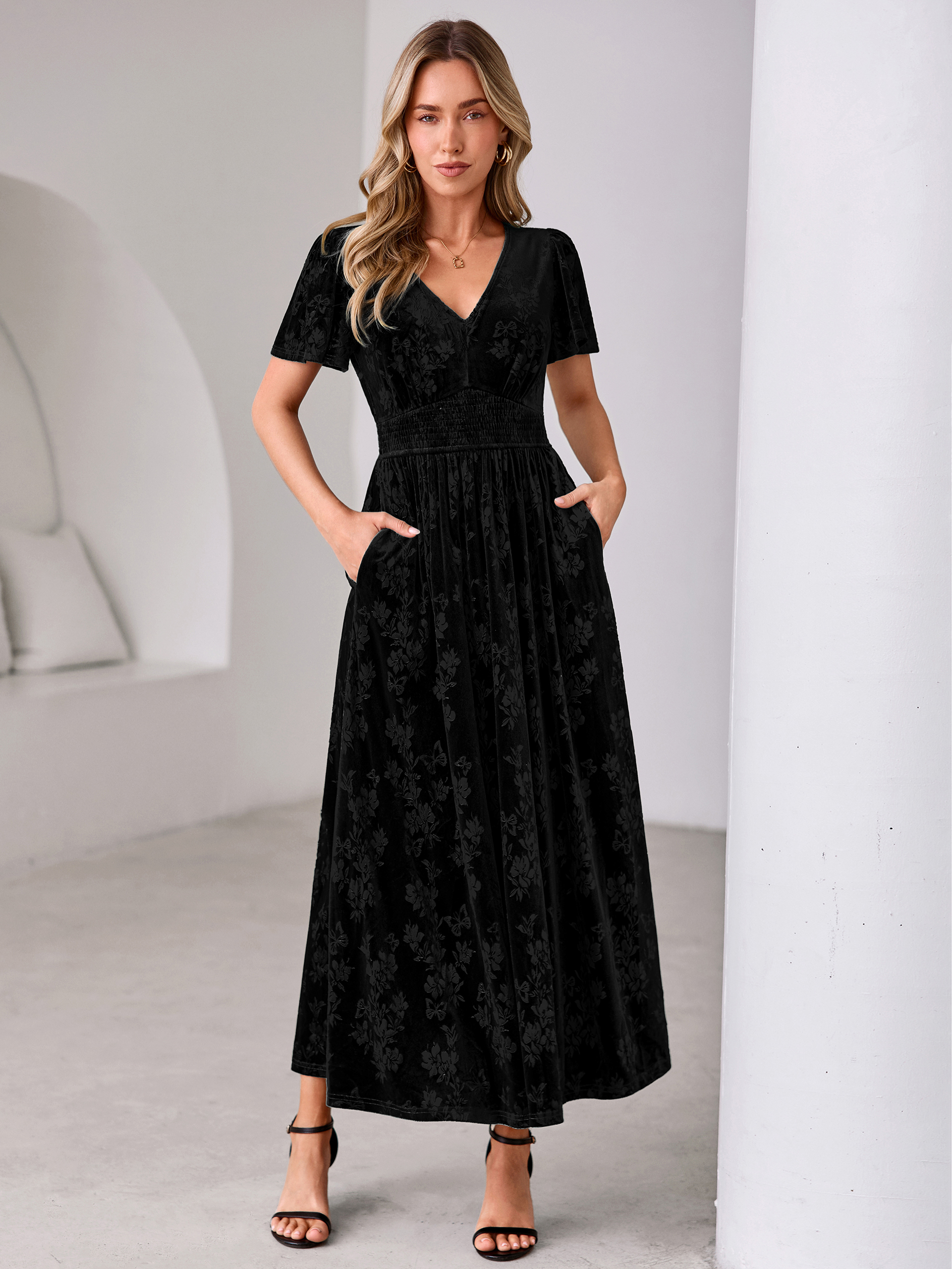 V-Neck Embossed Floral Velvet Maxi Dress