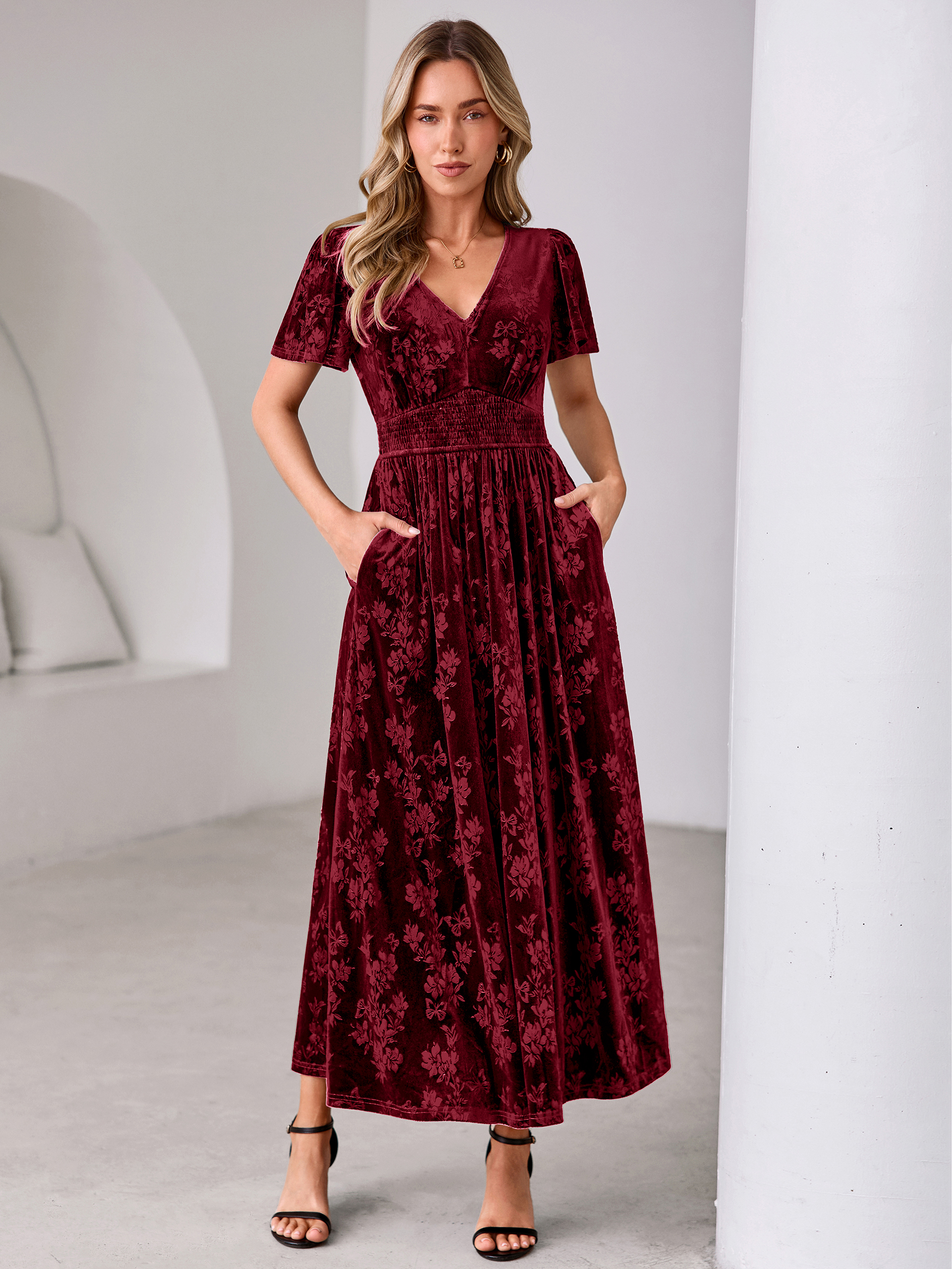 V-Neck Embossed Floral Velvet Maxi Dress