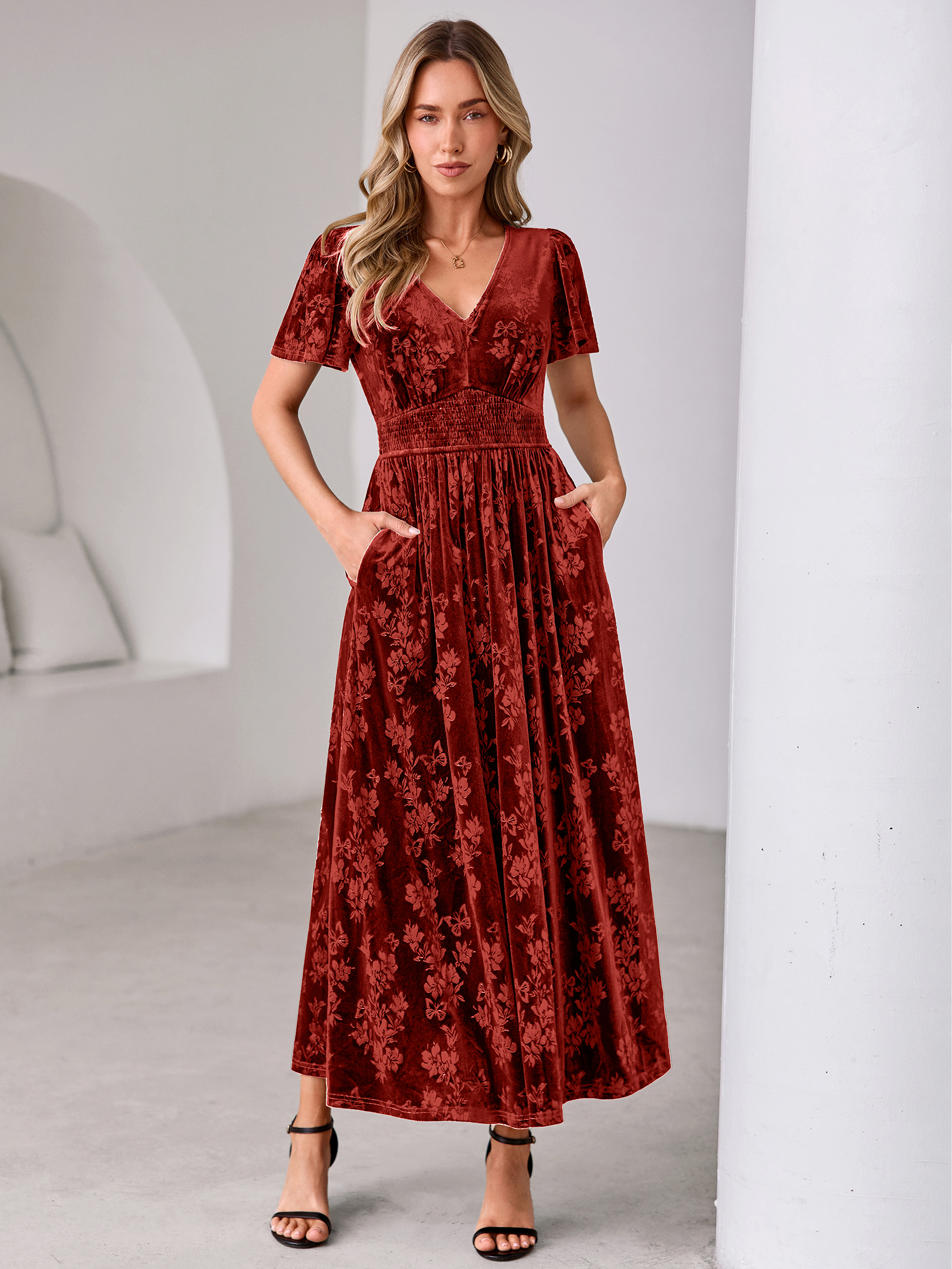 V-Neck Embossed Floral Velvet Maxi Dress