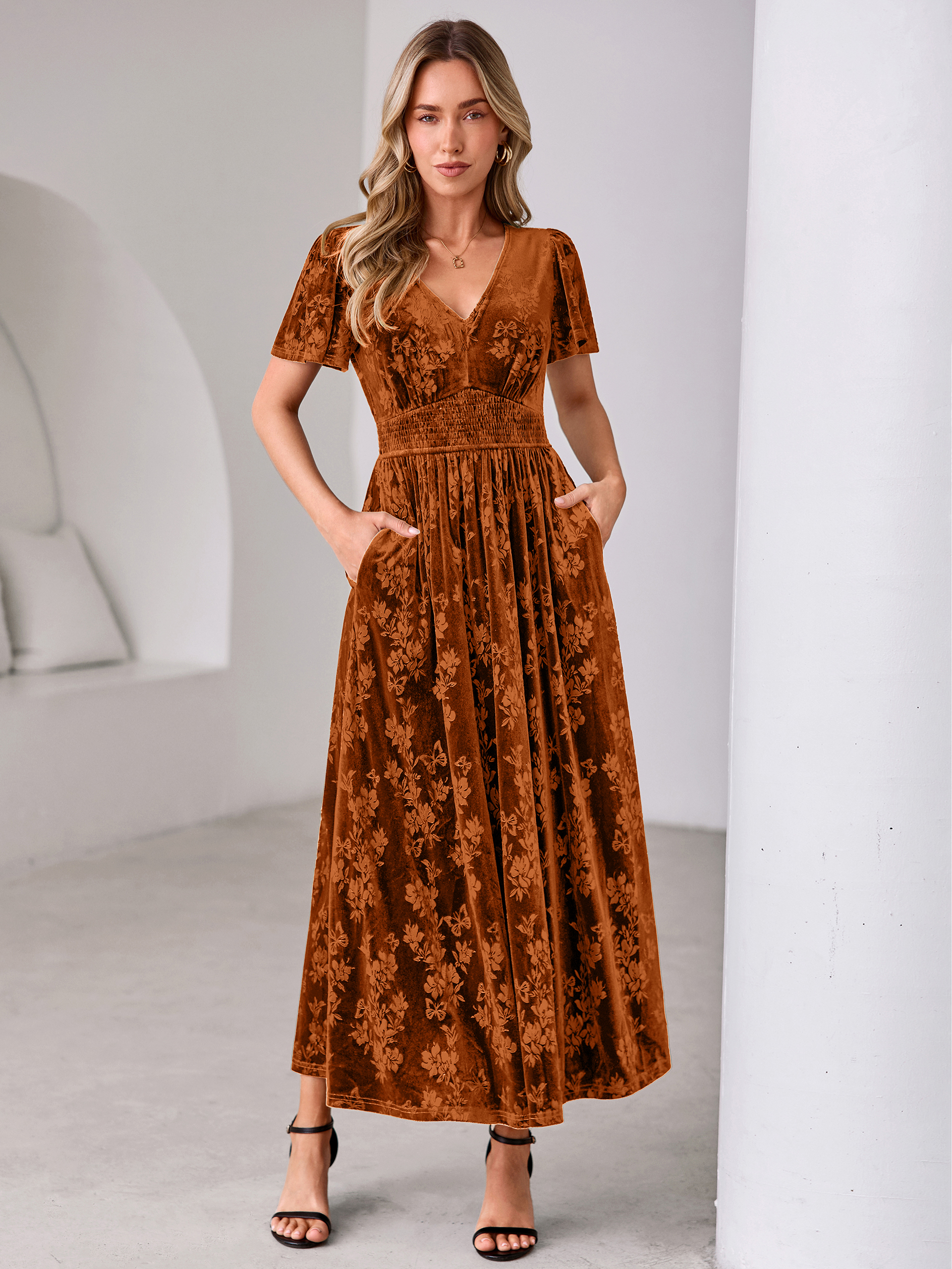 V-Neck Embossed Floral Velvet Maxi Dress
