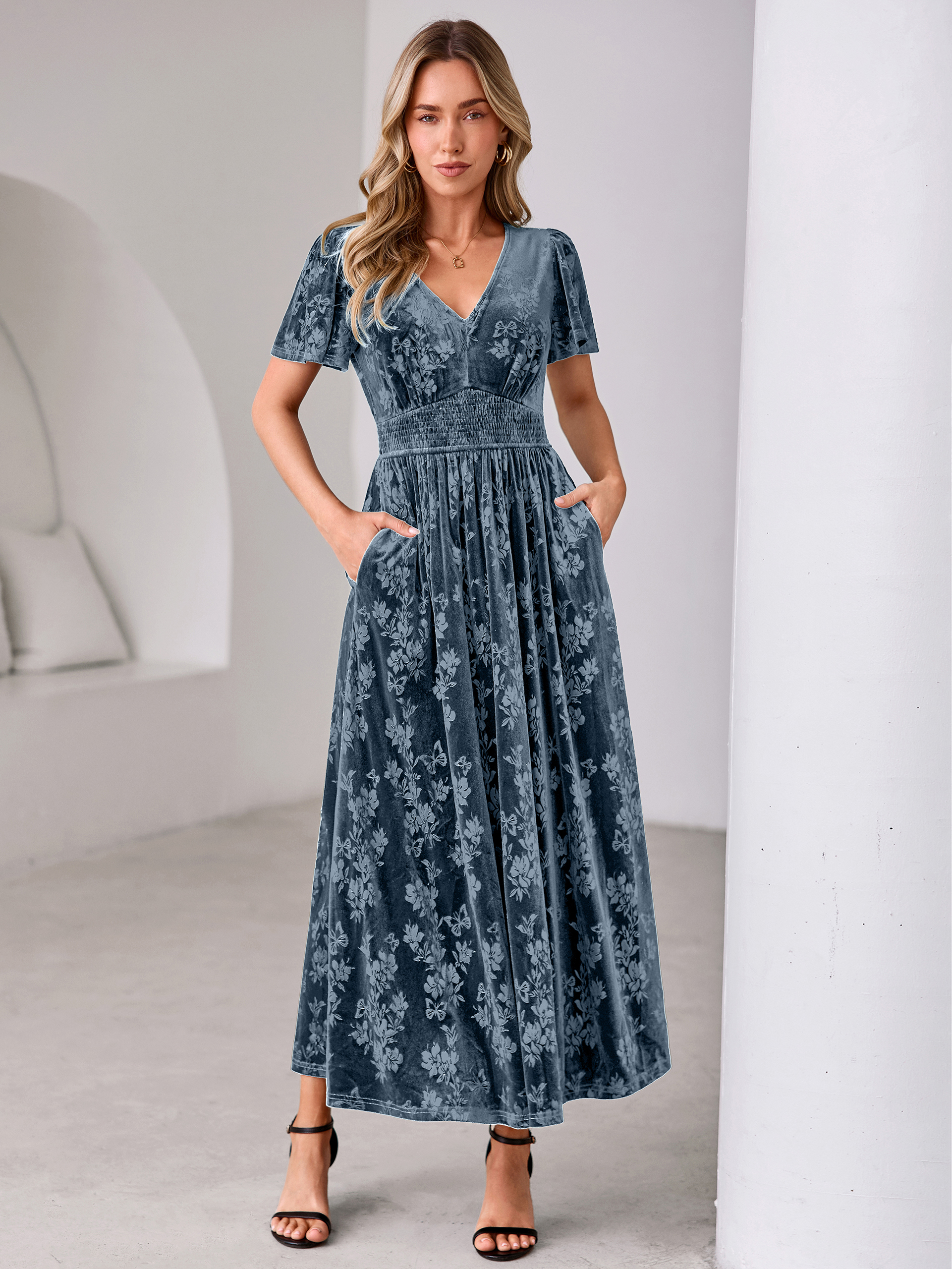 V-Neck Embossed Floral Velvet Maxi Dress