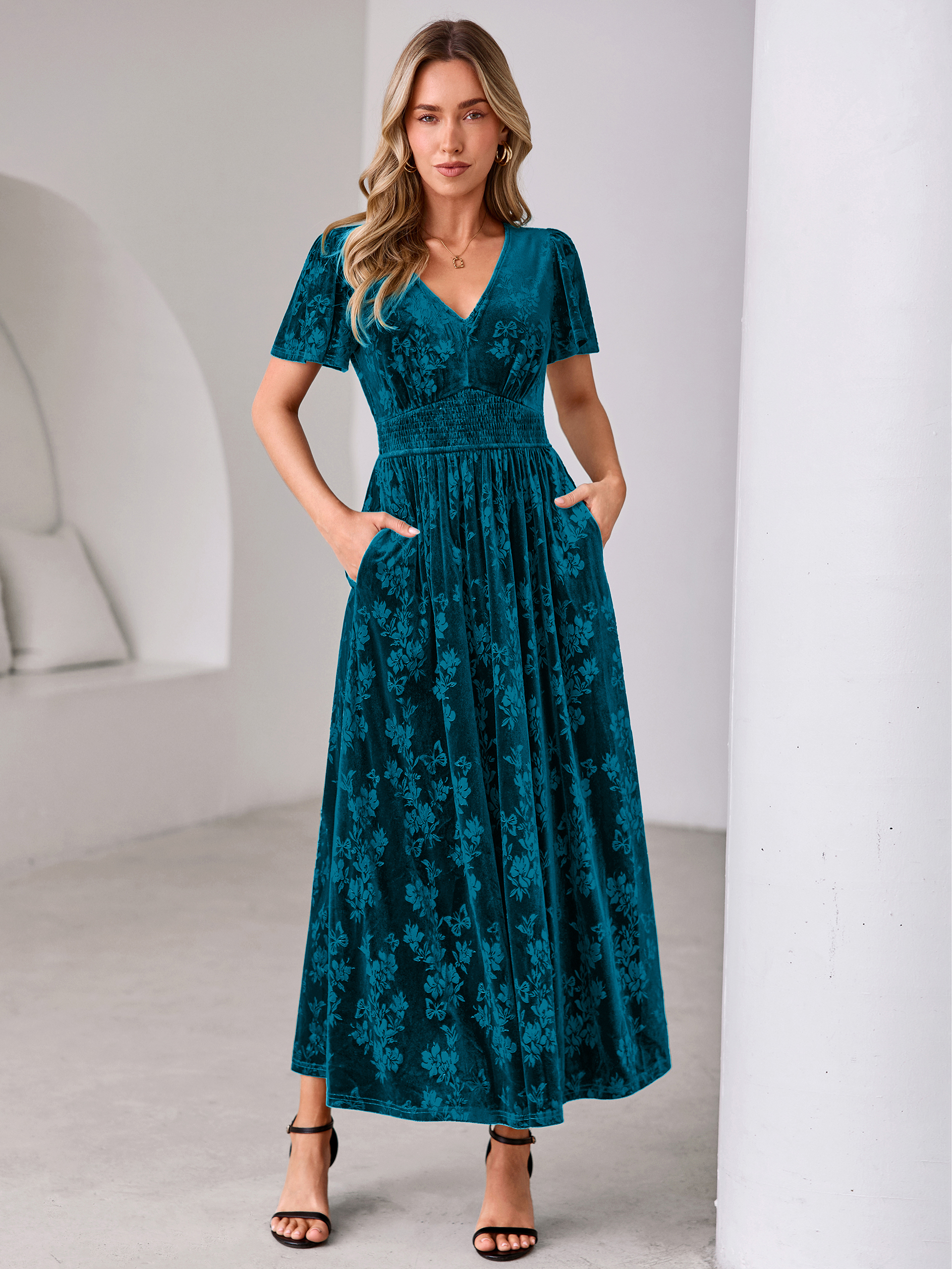 V-Neck Embossed Floral Velvet Maxi Dress