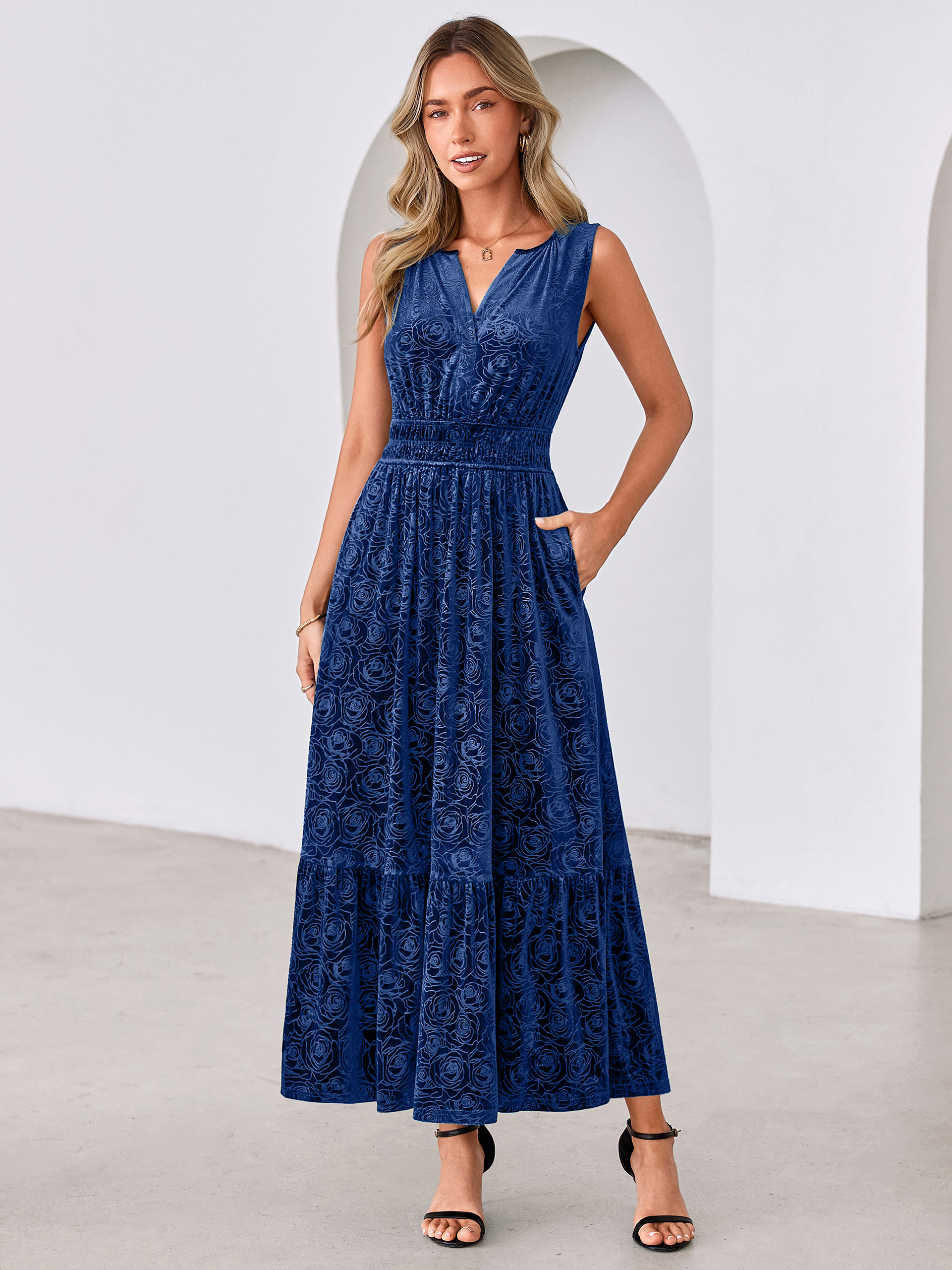 Sleeveless V-Neck Embossed Floral Velvet Maxi Dress