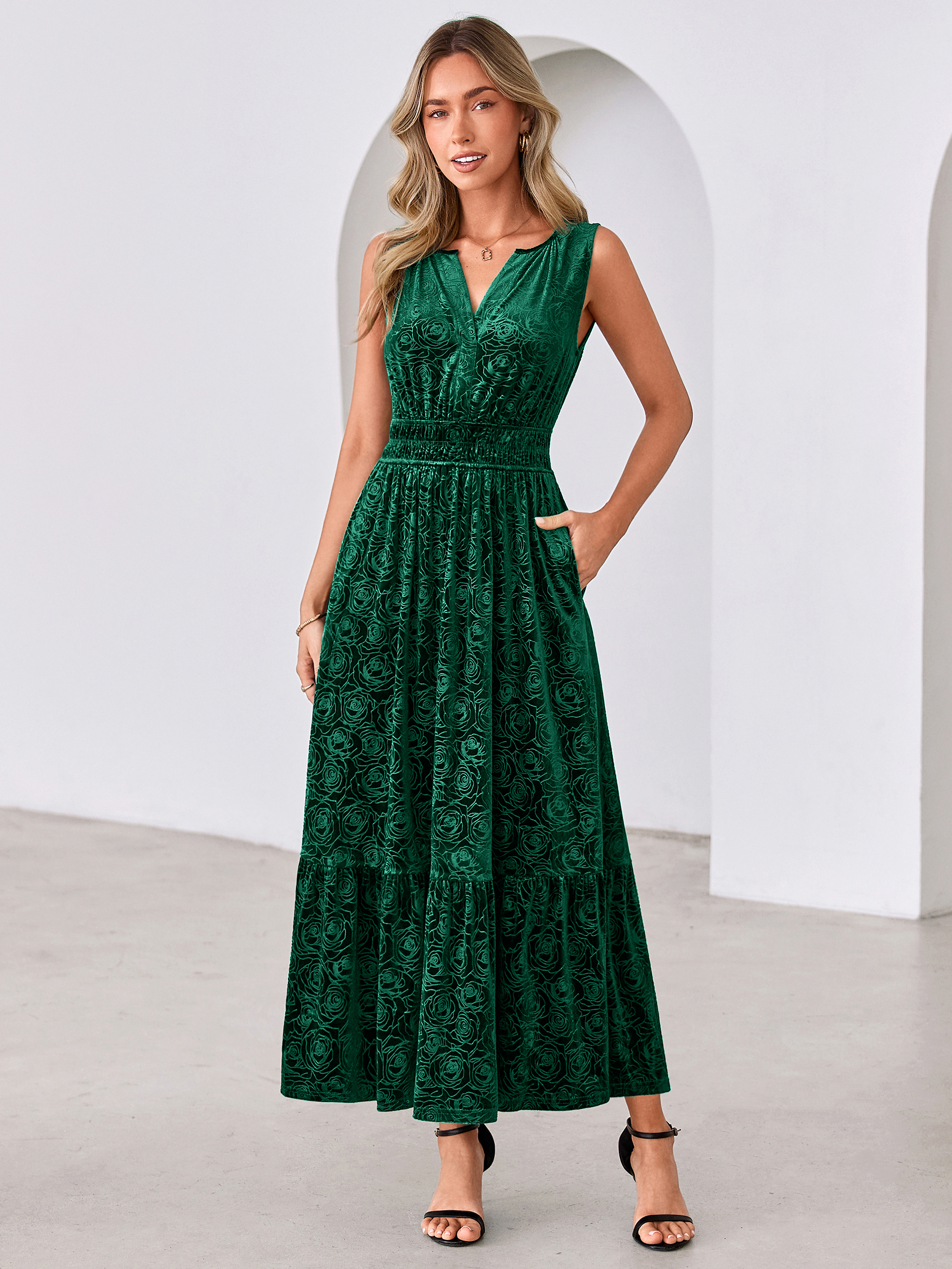 Sleeveless V-Neck Embossed Floral Velvet Maxi Dress