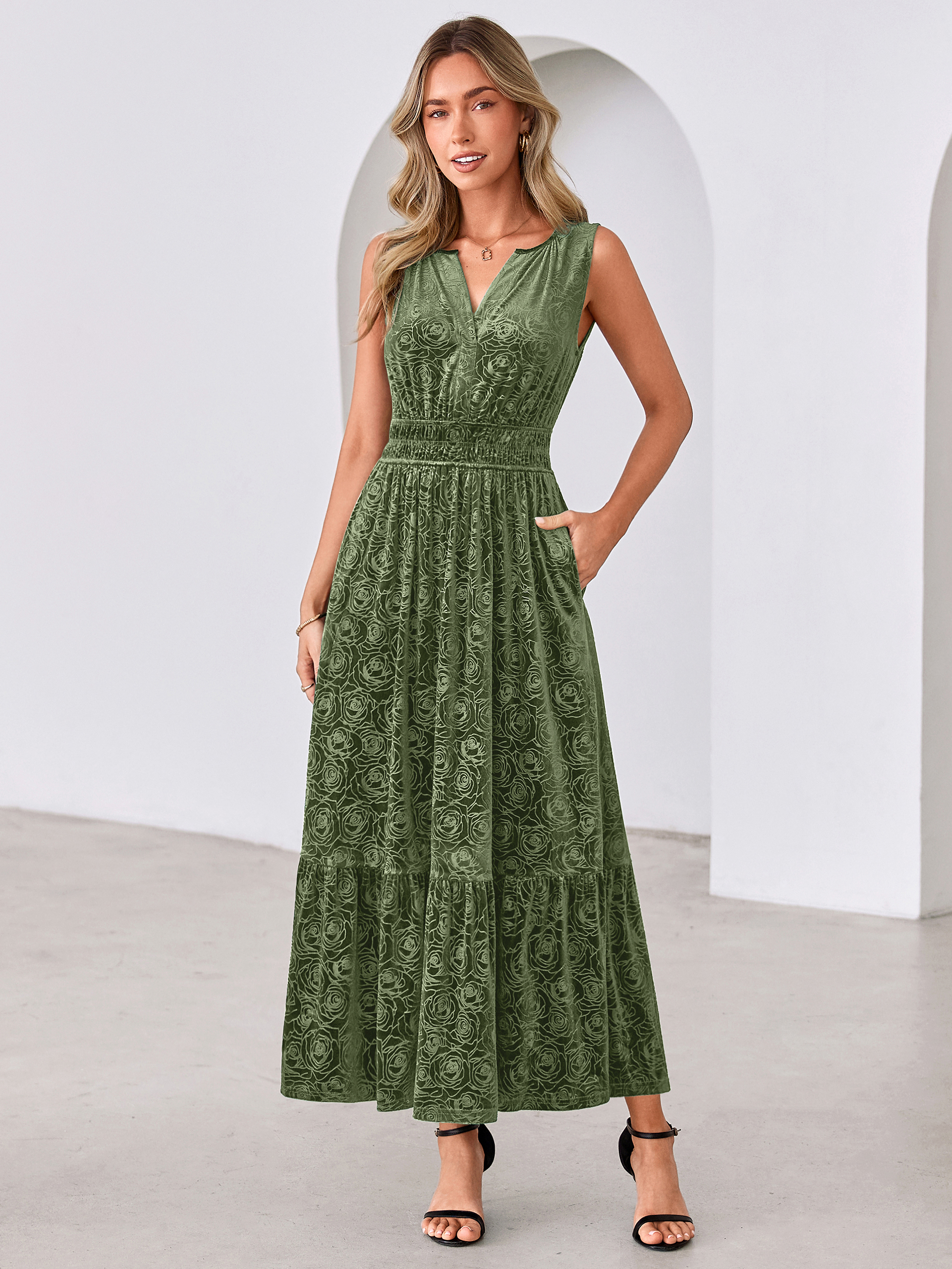 Sleeveless V-Neck Embossed Floral Velvet Maxi Dress