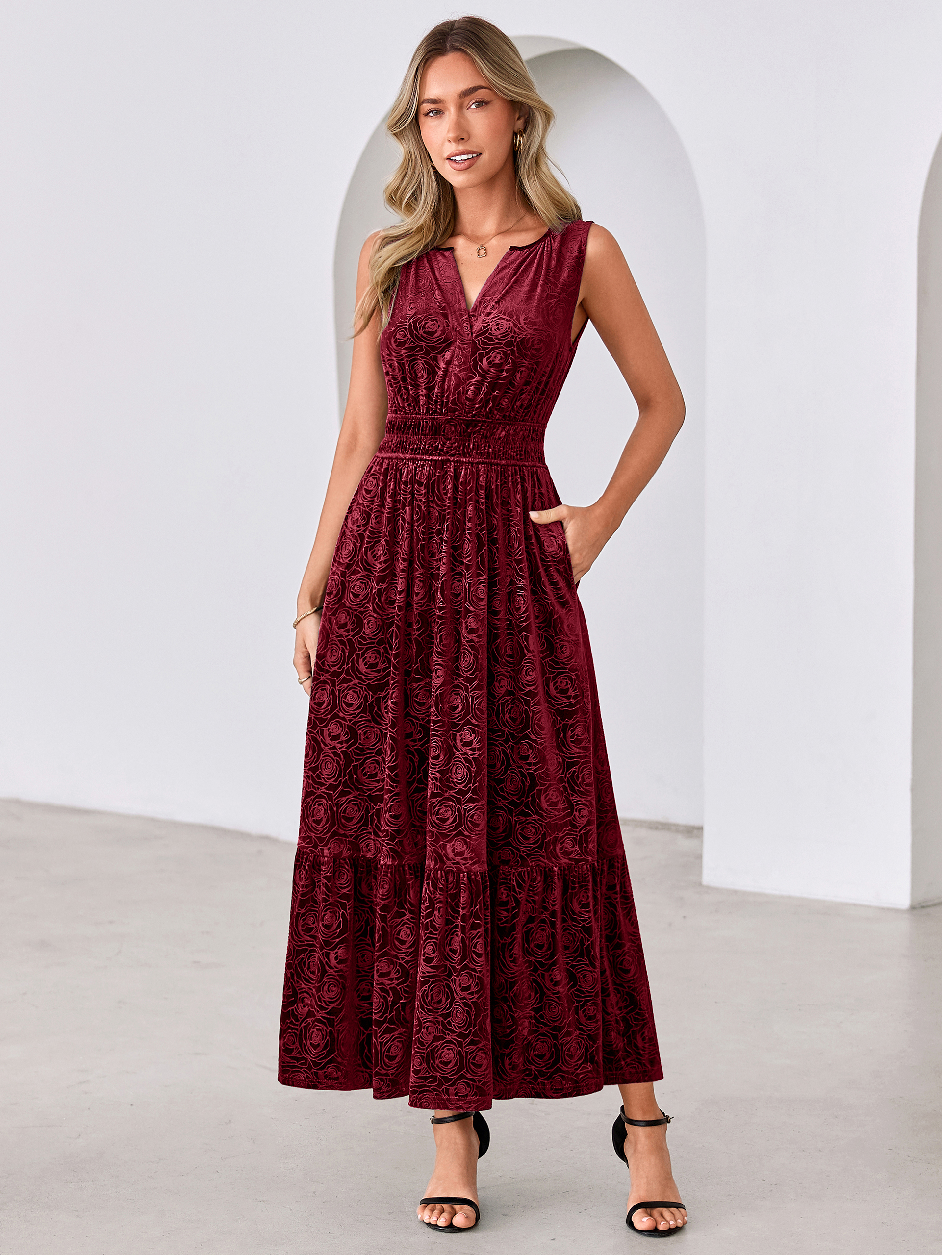 Sleeveless V-Neck Embossed Floral Velvet Maxi Dress
