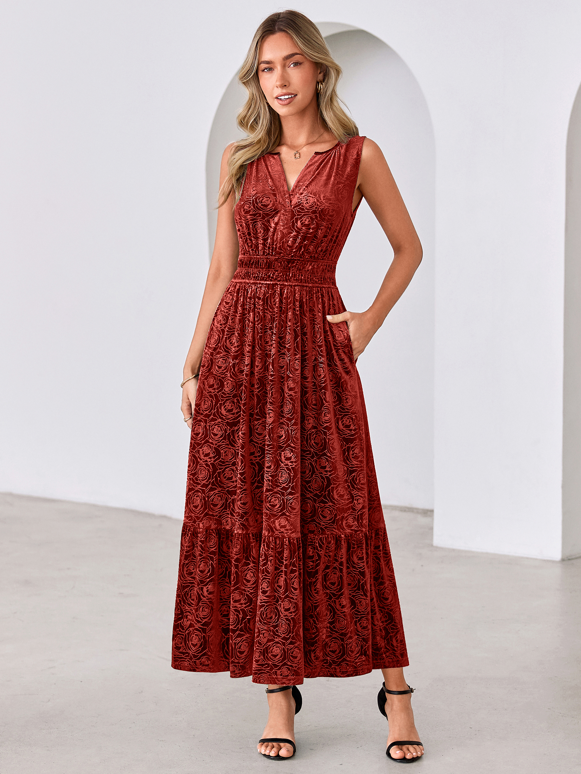 Sleeveless V-Neck Embossed Floral Velvet Maxi Dress