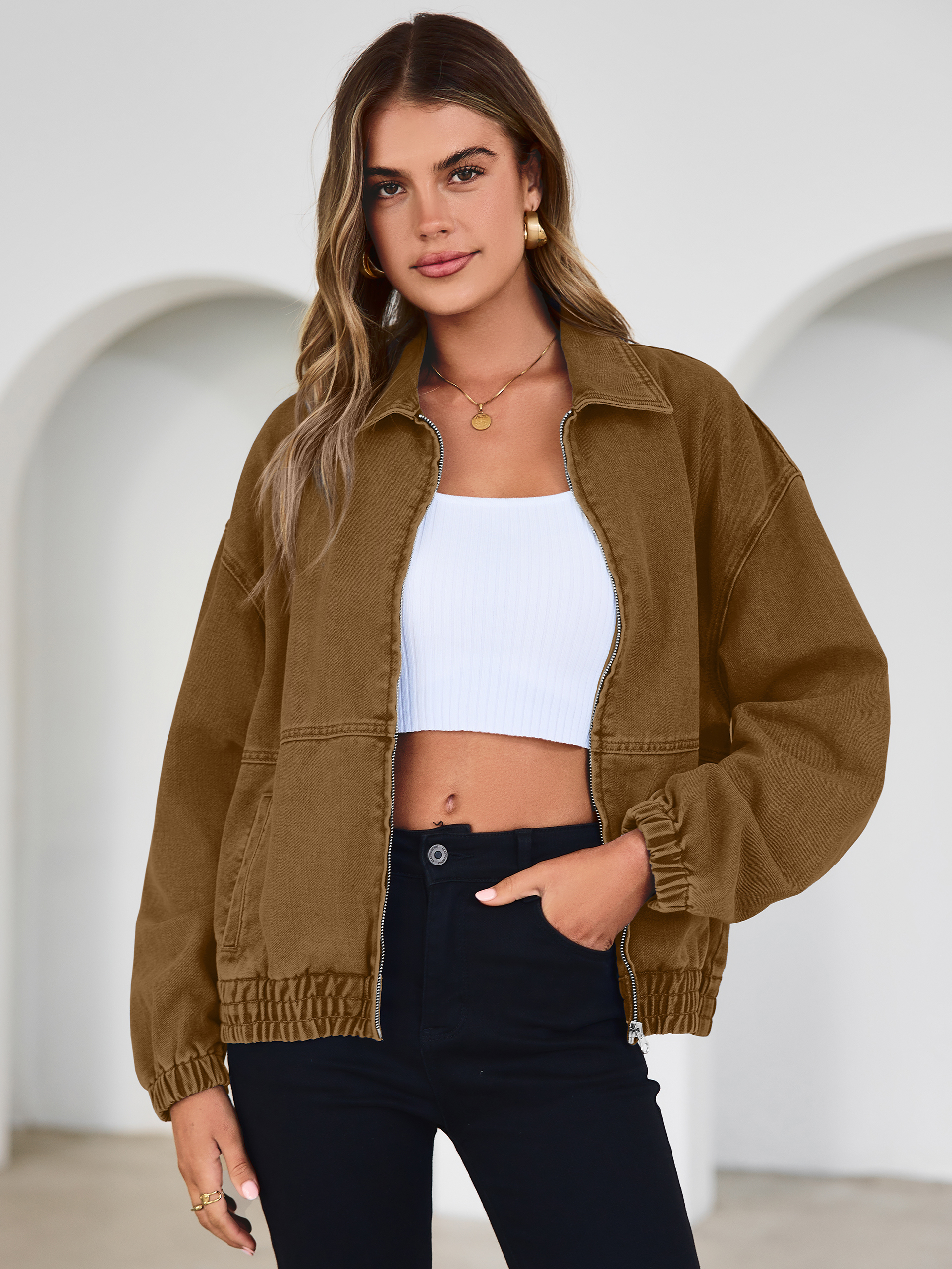 Classic Zip-Up Denim Bomber Jacket with Pockets - Brown